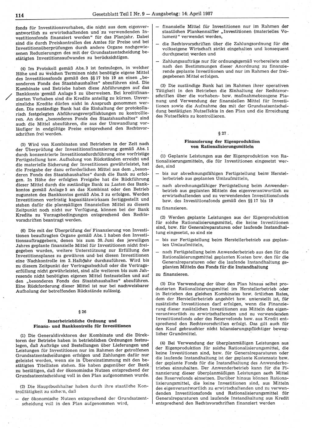 Gesetzblatt (GBl.) der Deutschen Demokratischen Republik (DDR) Teil Ⅰ 1987, Seite 114 (GBl. DDR Ⅰ 1987, S. 114)