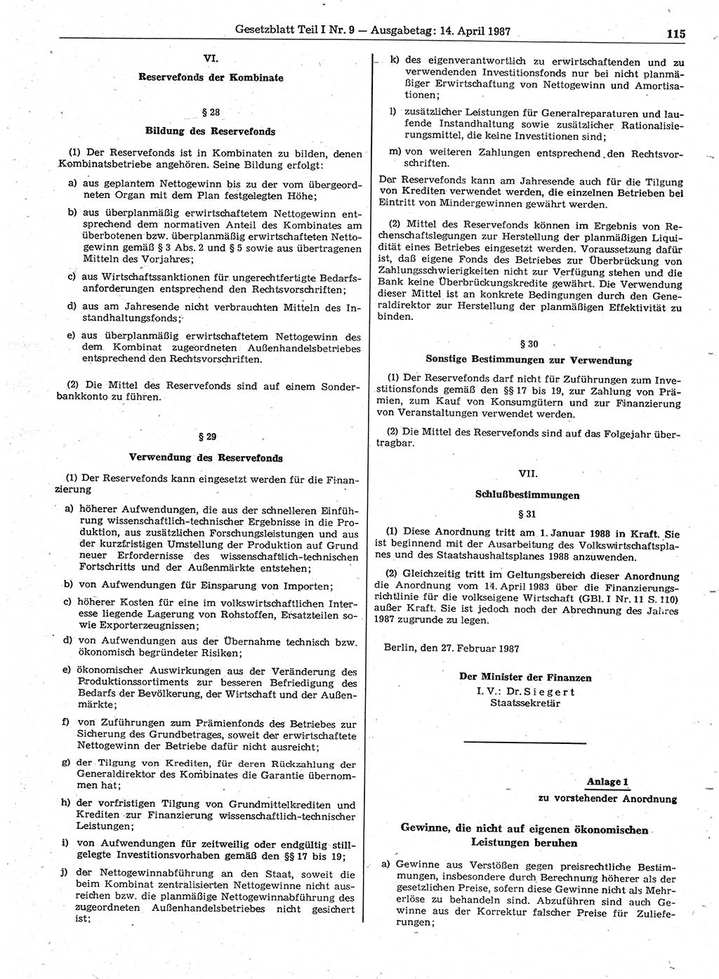 Gesetzblatt (GBl.) der Deutschen Demokratischen Republik (DDR) Teil Ⅰ 1987, Seite 115 (GBl. DDR Ⅰ 1987, S. 115)