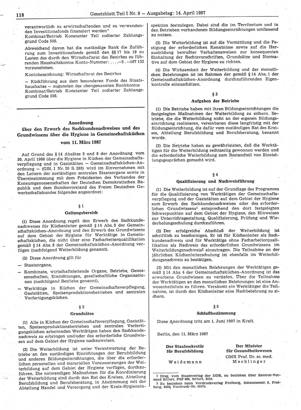 Gesetzblatt (GBl.) der Deutschen Demokratischen Republik (DDR) Teil Ⅰ 1987, Seite 118 (GBl. DDR Ⅰ 1987, S. 118)