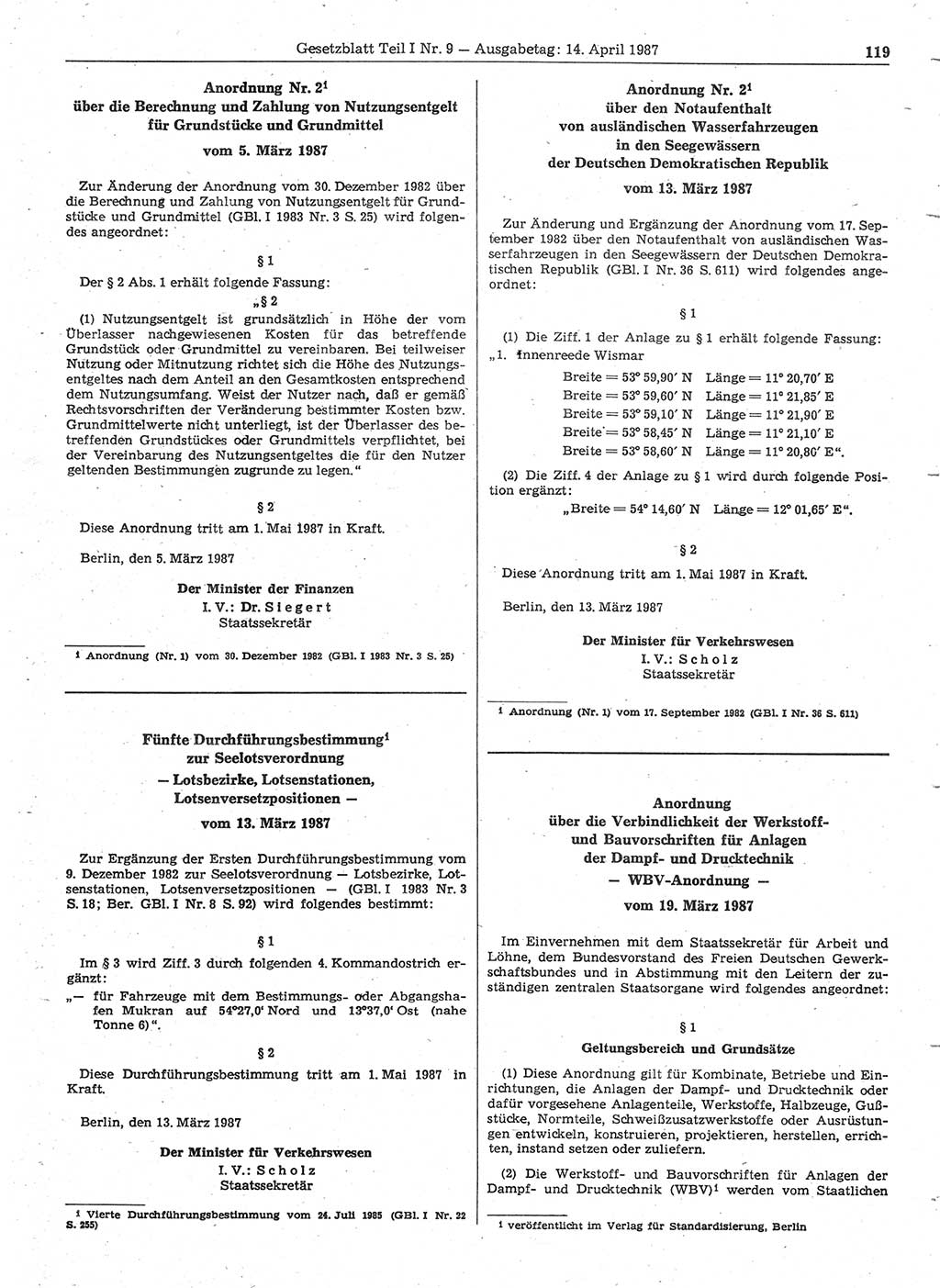 Gesetzblatt (GBl.) der Deutschen Demokratischen Republik (DDR) Teil Ⅰ 1987, Seite 119 (GBl. DDR Ⅰ 1987, S. 119)