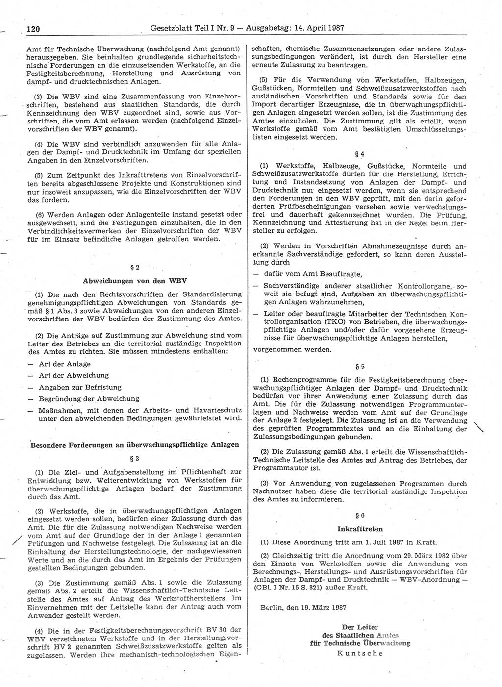 Gesetzblatt (GBl.) der Deutschen Demokratischen Republik (DDR) Teil Ⅰ 1987, Seite 120 (GBl. DDR Ⅰ 1987, S. 120)