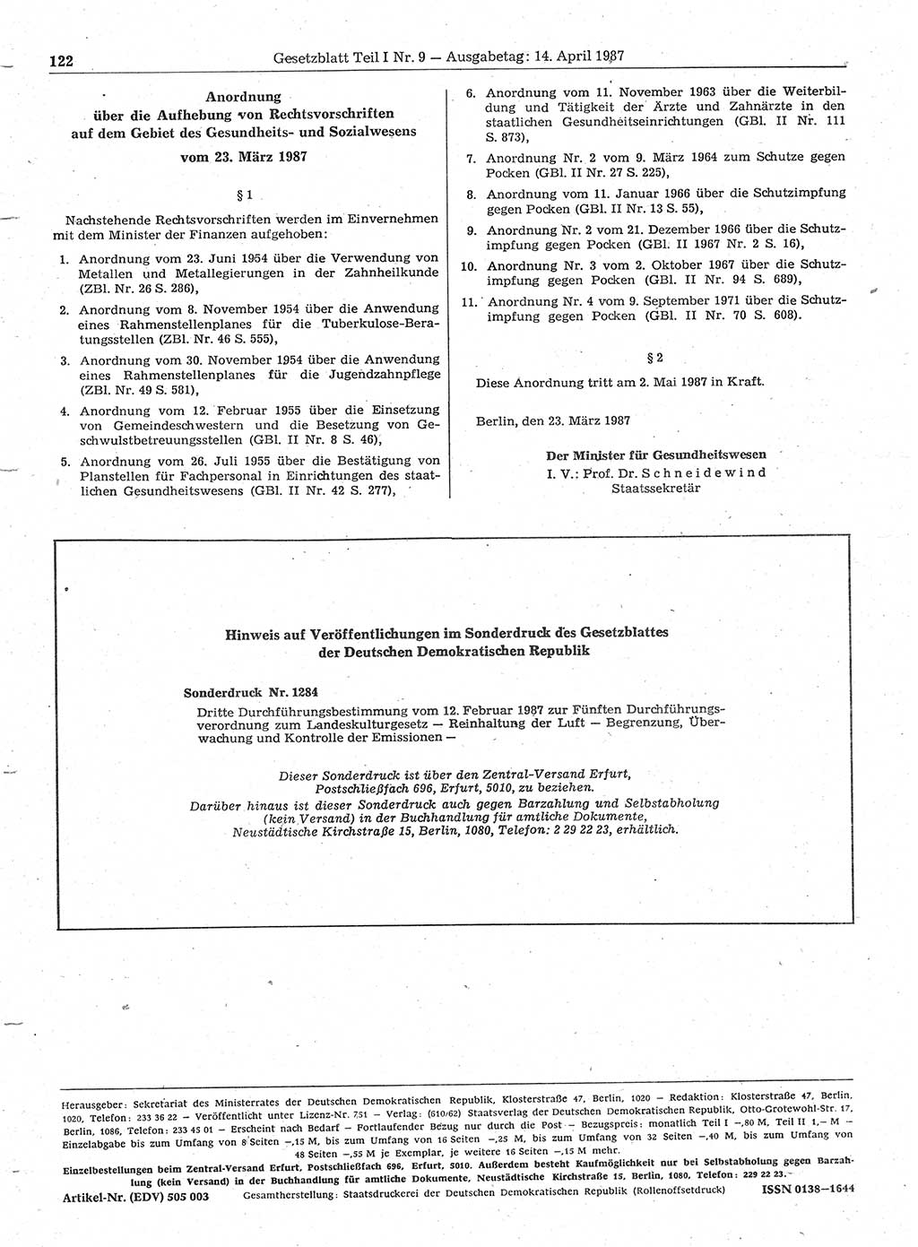 Gesetzblatt (GBl.) der Deutschen Demokratischen Republik (DDR) Teil Ⅰ 1987, Seite 122 (GBl. DDR Ⅰ 1987, S. 122)