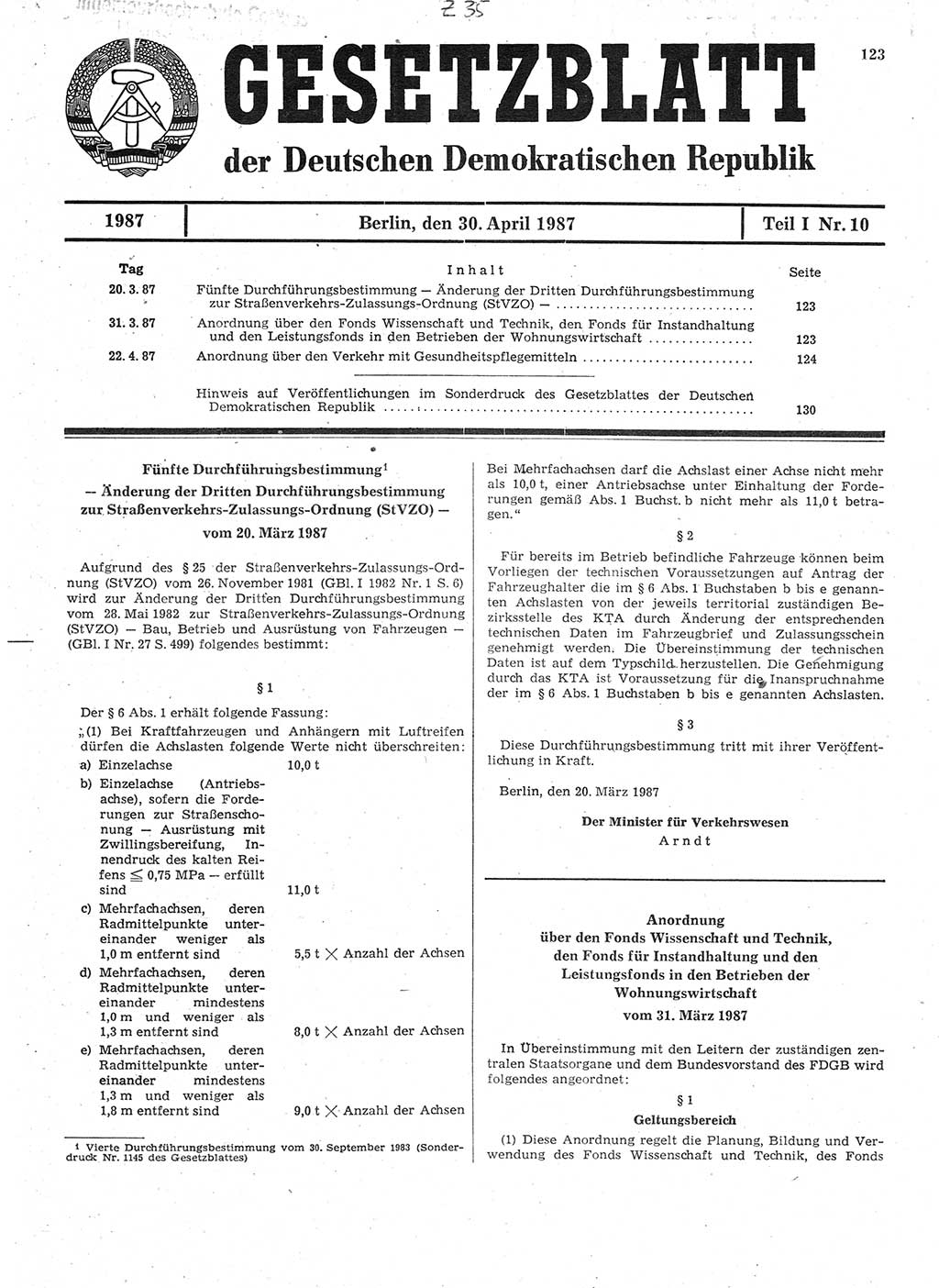 Gesetzblatt (GBl.) der Deutschen Demokratischen Republik (DDR) Teil Ⅰ 1987, Seite 123 (GBl. DDR Ⅰ 1987, S. 123)