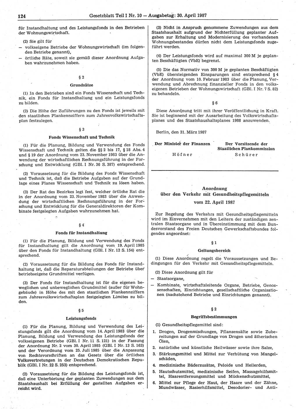 Gesetzblatt (GBl.) der Deutschen Demokratischen Republik (DDR) Teil Ⅰ 1987, Seite 124 (GBl. DDR Ⅰ 1987, S. 124)