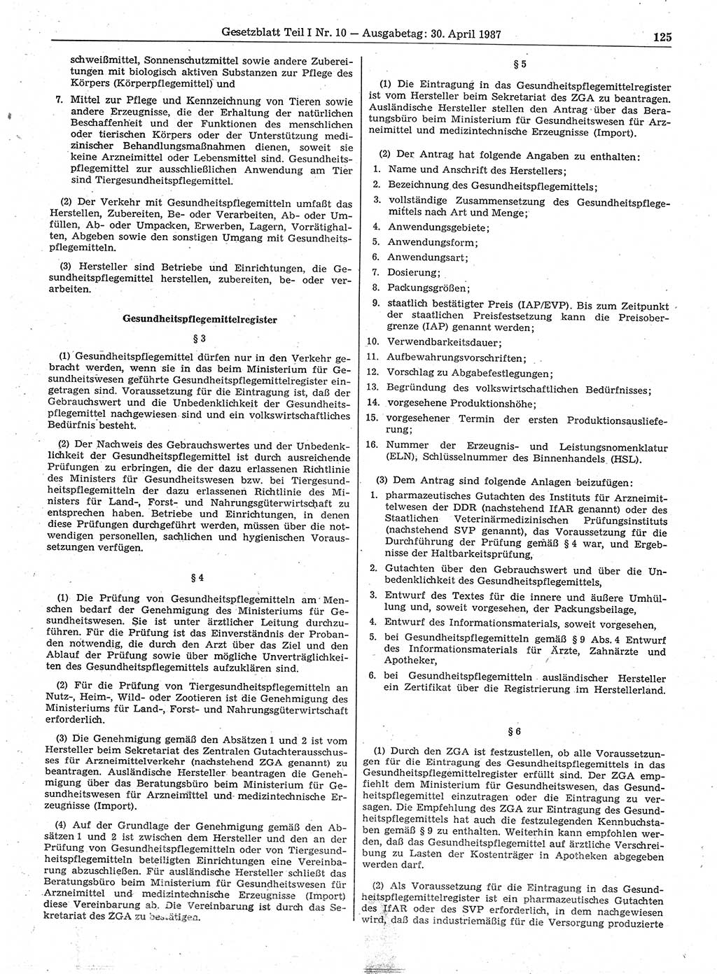 Gesetzblatt (GBl.) der Deutschen Demokratischen Republik (DDR) Teil Ⅰ 1987, Seite 125 (GBl. DDR Ⅰ 1987, S. 125)