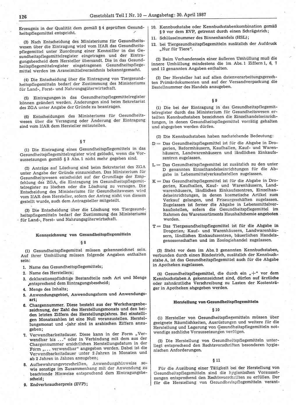 Gesetzblatt (GBl.) der Deutschen Demokratischen Republik (DDR) Teil Ⅰ 1987, Seite 126 (GBl. DDR Ⅰ 1987, S. 126)