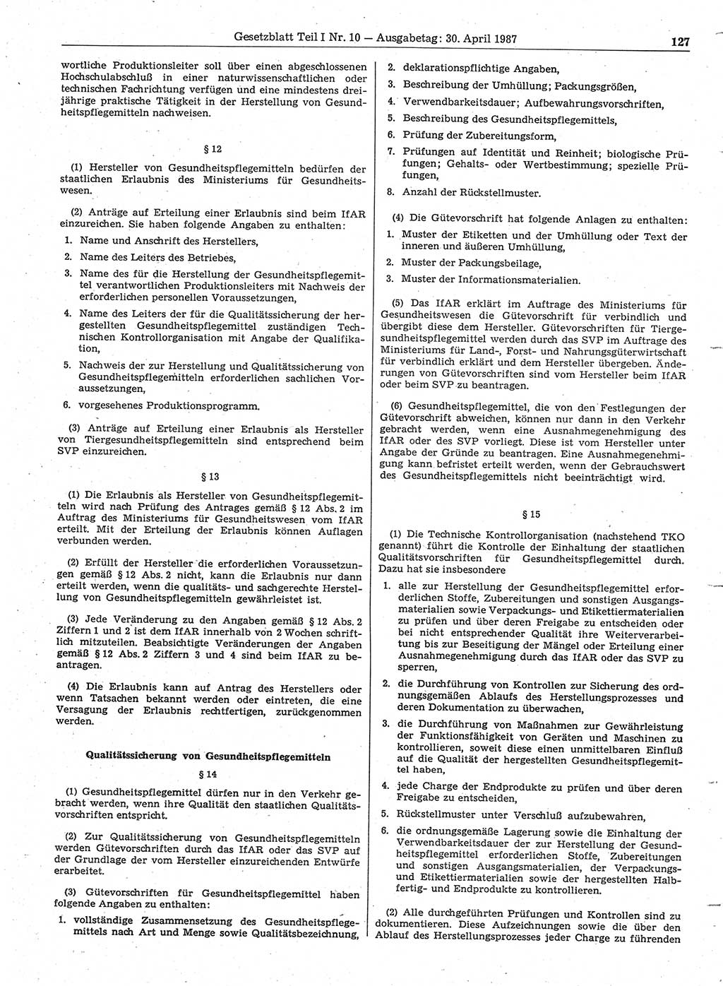 Gesetzblatt (GBl.) der Deutschen Demokratischen Republik (DDR) Teil Ⅰ 1987, Seite 127 (GBl. DDR Ⅰ 1987, S. 127)