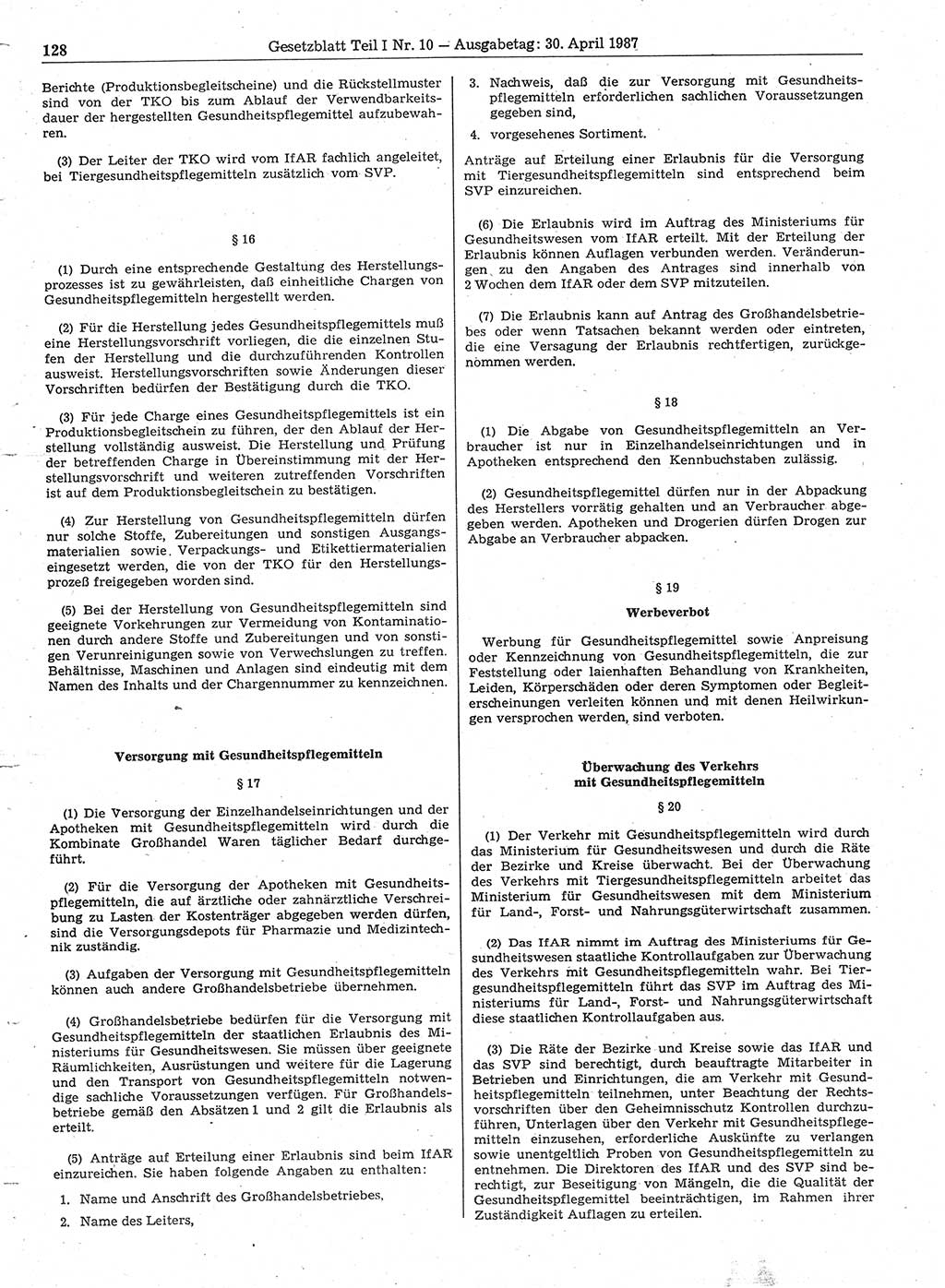 Gesetzblatt (GBl.) der Deutschen Demokratischen Republik (DDR) Teil Ⅰ 1987, Seite 128 (GBl. DDR Ⅰ 1987, S. 128)