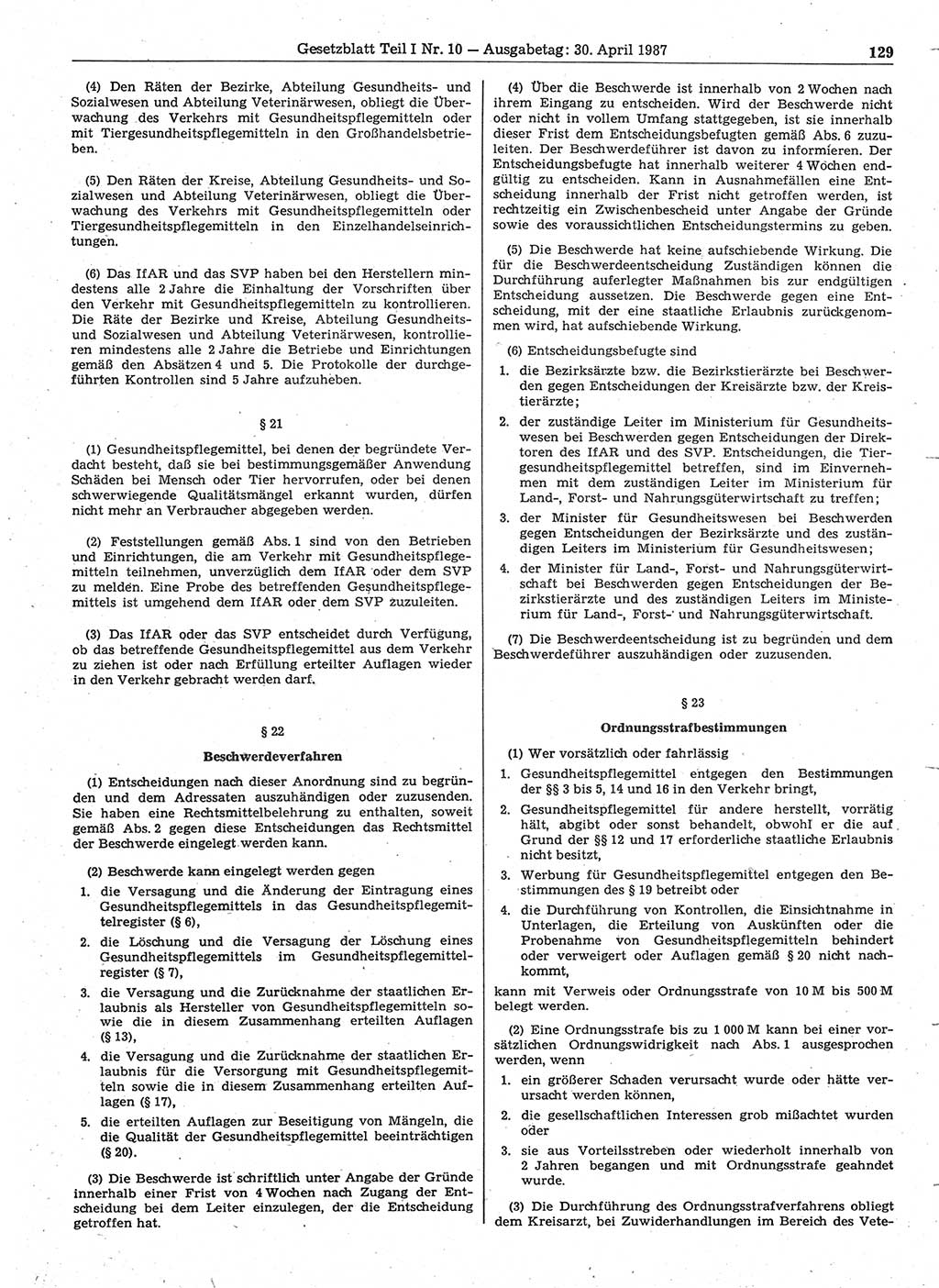 Gesetzblatt (GBl.) der Deutschen Demokratischen Republik (DDR) Teil Ⅰ 1987, Seite 129 (GBl. DDR Ⅰ 1987, S. 129)