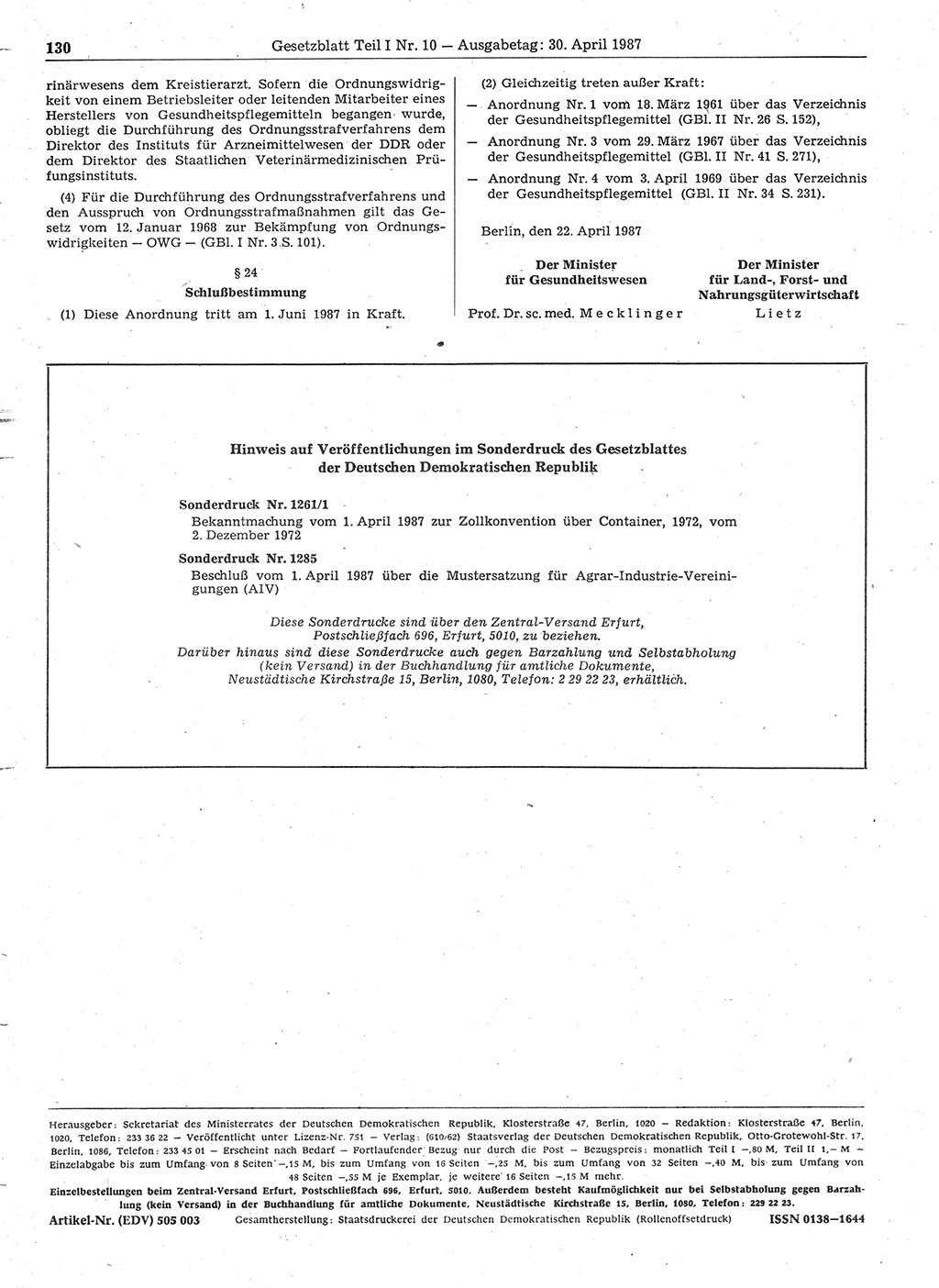 Gesetzblatt (GBl.) der Deutschen Demokratischen Republik (DDR) Teil Ⅰ 1987, Seite 130 (GBl. DDR Ⅰ 1987, S. 130)