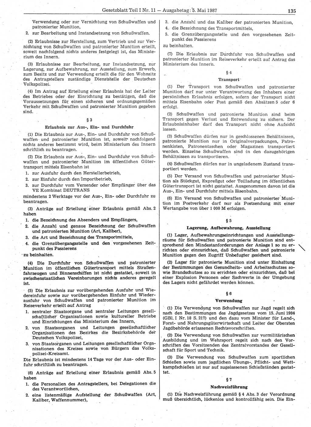 Gesetzblatt (GBl.) der Deutschen Demokratischen Republik (DDR) Teil Ⅰ 1987, Seite 135 (GBl. DDR Ⅰ 1987, S. 135)