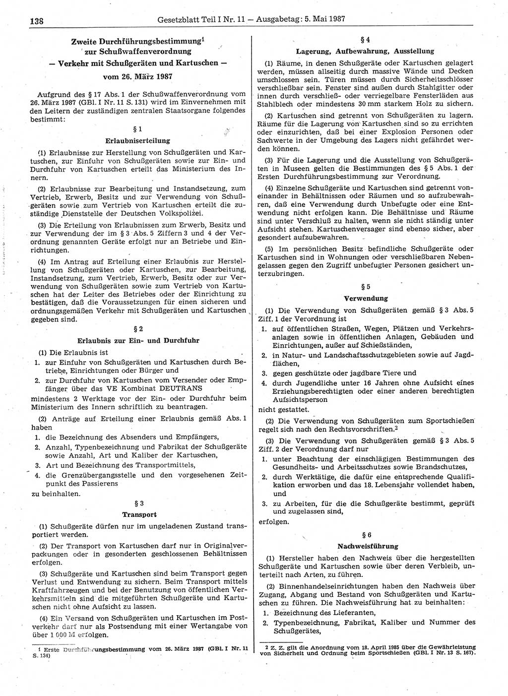 Gesetzblatt (GBl.) der Deutschen Demokratischen Republik (DDR) Teil Ⅰ 1987, Seite 138 (GBl. DDR Ⅰ 1987, S. 138)