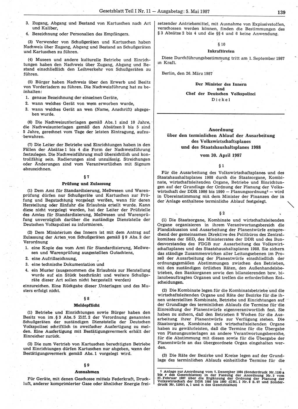Gesetzblatt (GBl.) der Deutschen Demokratischen Republik (DDR) Teil Ⅰ 1987, Seite 139 (GBl. DDR Ⅰ 1987, S. 139)