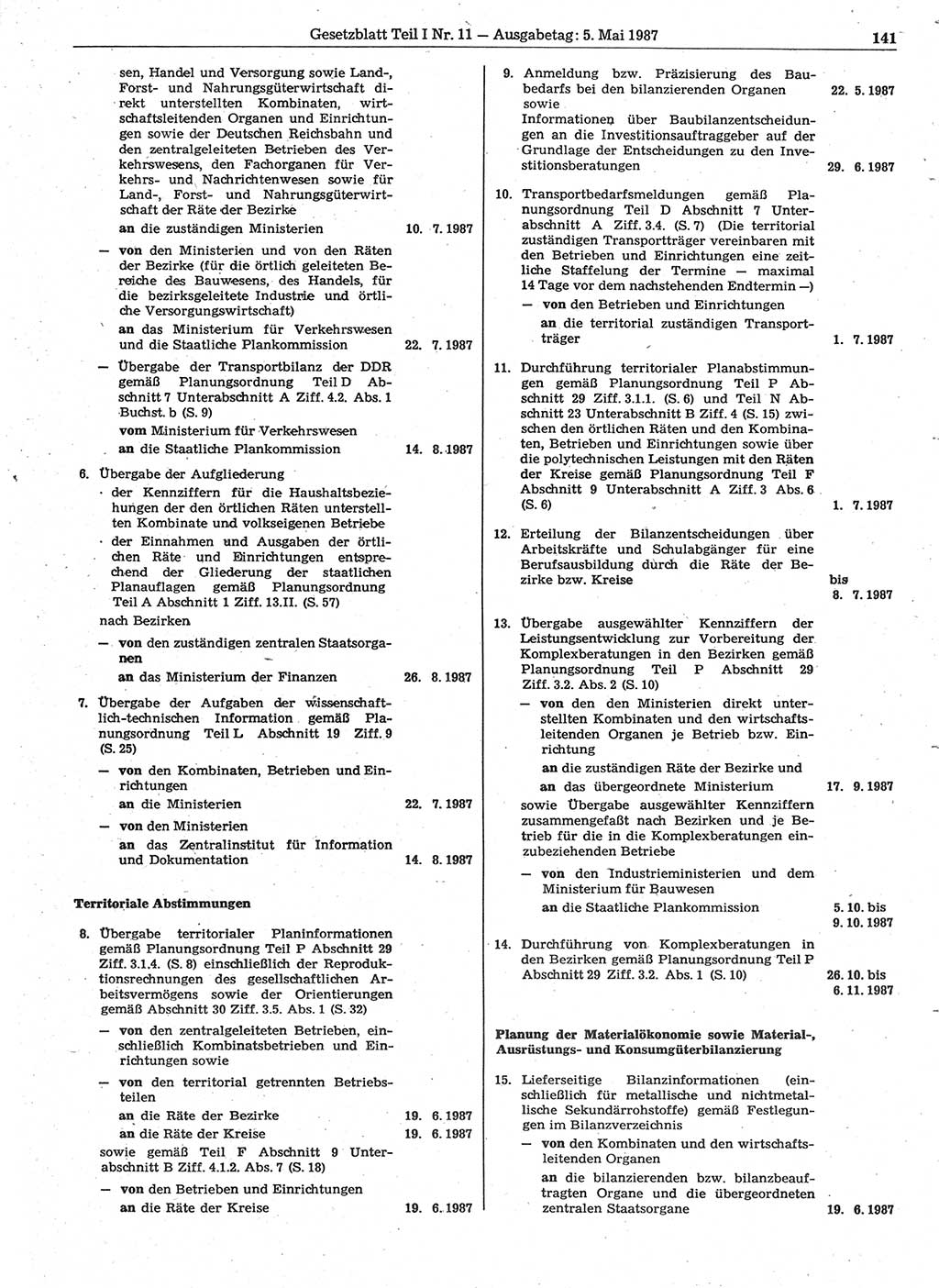 Gesetzblatt (GBl.) der Deutschen Demokratischen Republik (DDR) Teil Ⅰ 1987, Seite 141 (GBl. DDR Ⅰ 1987, S. 141)