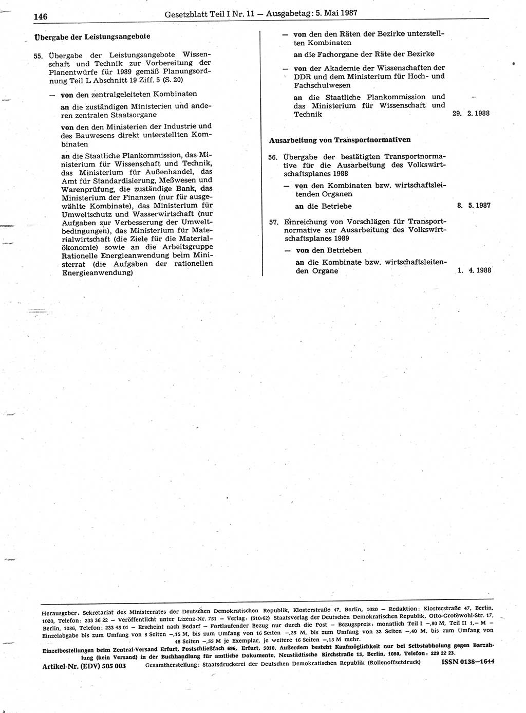 Gesetzblatt (GBl.) der Deutschen Demokratischen Republik (DDR) Teil Ⅰ 1987, Seite 146 (GBl. DDR Ⅰ 1987, S. 146)