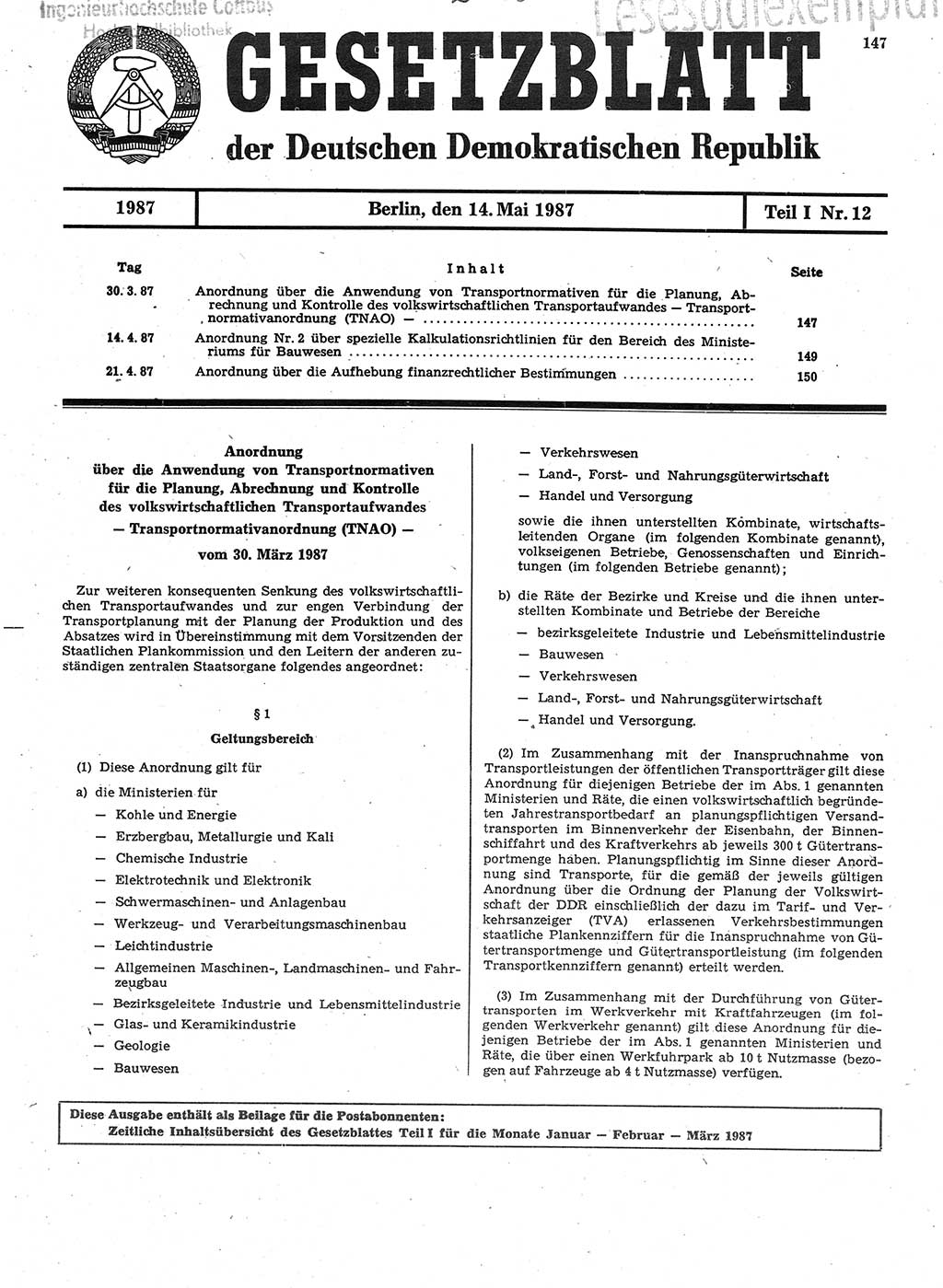 Gesetzblatt (GBl.) der Deutschen Demokratischen Republik (DDR) Teil Ⅰ 1987, Seite 147 (GBl. DDR Ⅰ 1987, S. 147)