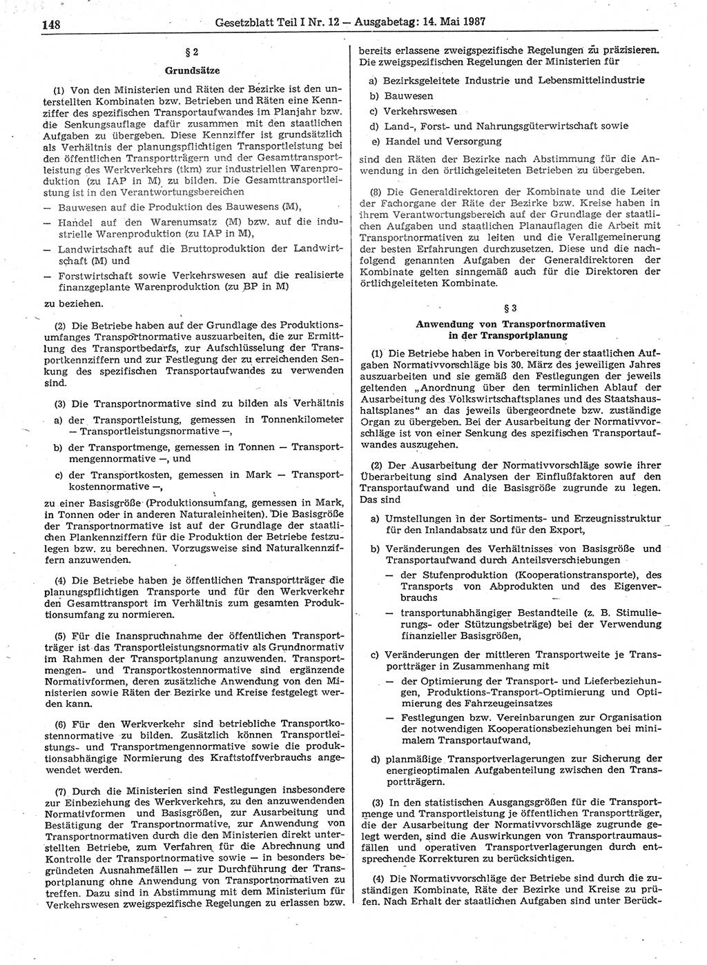 Gesetzblatt (GBl.) der Deutschen Demokratischen Republik (DDR) Teil Ⅰ 1987, Seite 148 (GBl. DDR Ⅰ 1987, S. 148)