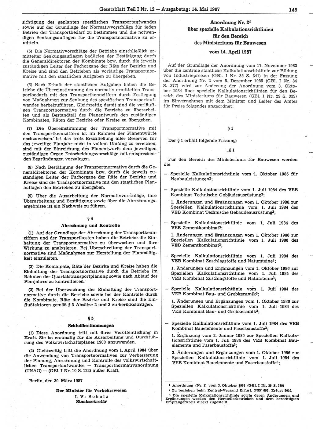 Gesetzblatt (GBl.) der Deutschen Demokratischen Republik (DDR) Teil Ⅰ 1987, Seite 149 (GBl. DDR Ⅰ 1987, S. 149)