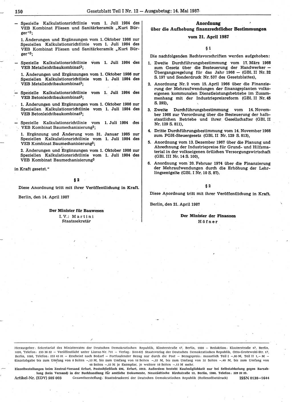 Gesetzblatt (GBl.) der Deutschen Demokratischen Republik (DDR) Teil Ⅰ 1987, Seite 150 (GBl. DDR Ⅰ 1987, S. 150)