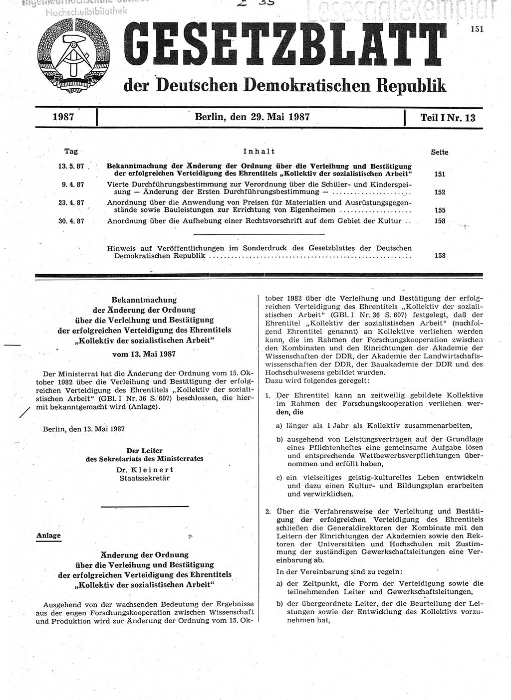 Gesetzblatt (GBl.) der Deutschen Demokratischen Republik (DDR) Teil Ⅰ 1987, Seite 151 (GBl. DDR Ⅰ 1987, S. 151)