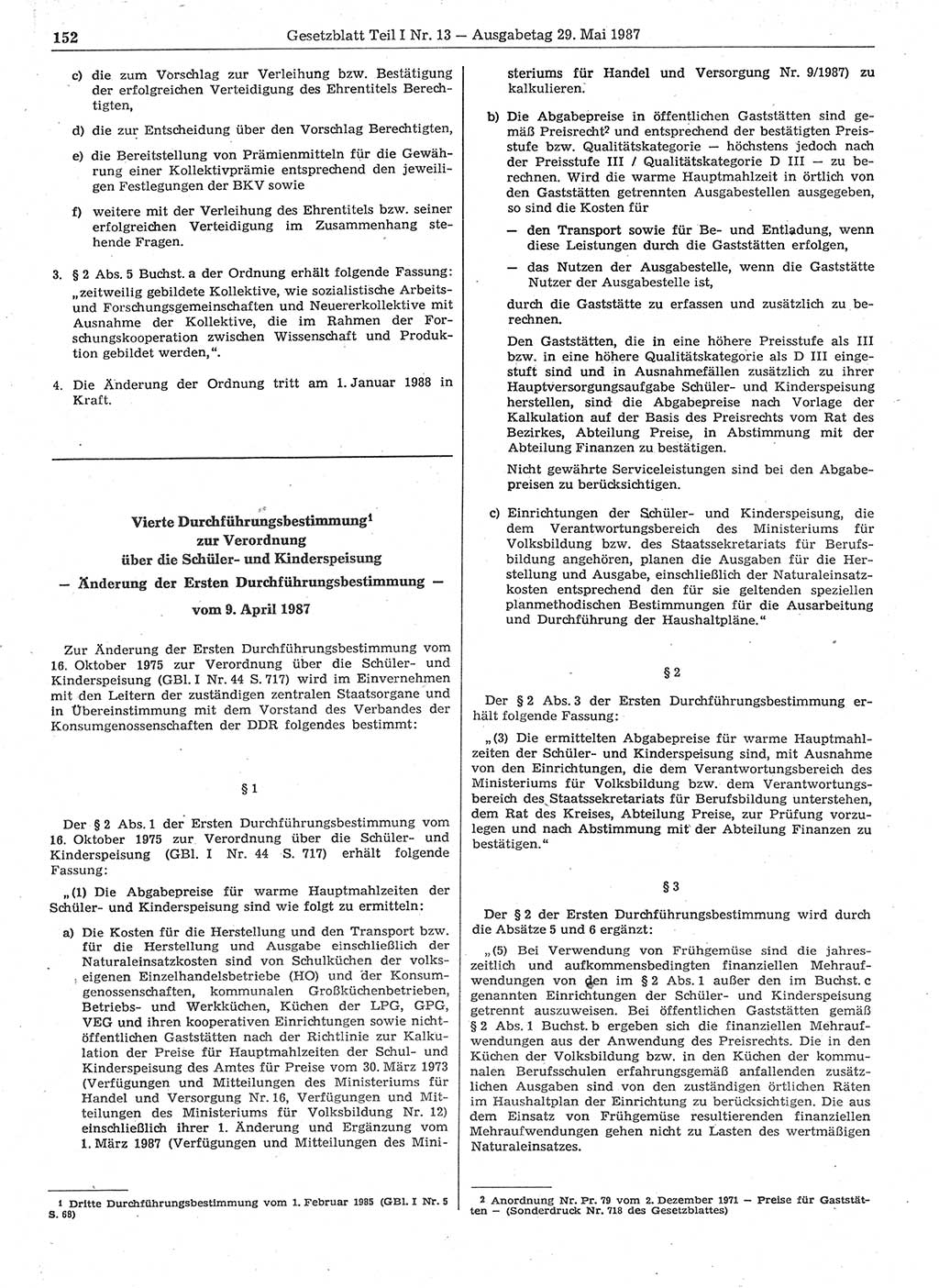 Gesetzblatt (GBl.) der Deutschen Demokratischen Republik (DDR) Teil Ⅰ 1987, Seite 152 (GBl. DDR Ⅰ 1987, S. 152)