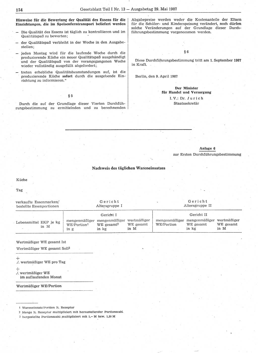 Gesetzblatt (GBl.) der Deutschen Demokratischen Republik (DDR) Teil Ⅰ 1987, Seite 154 (GBl. DDR Ⅰ 1987, S. 154)