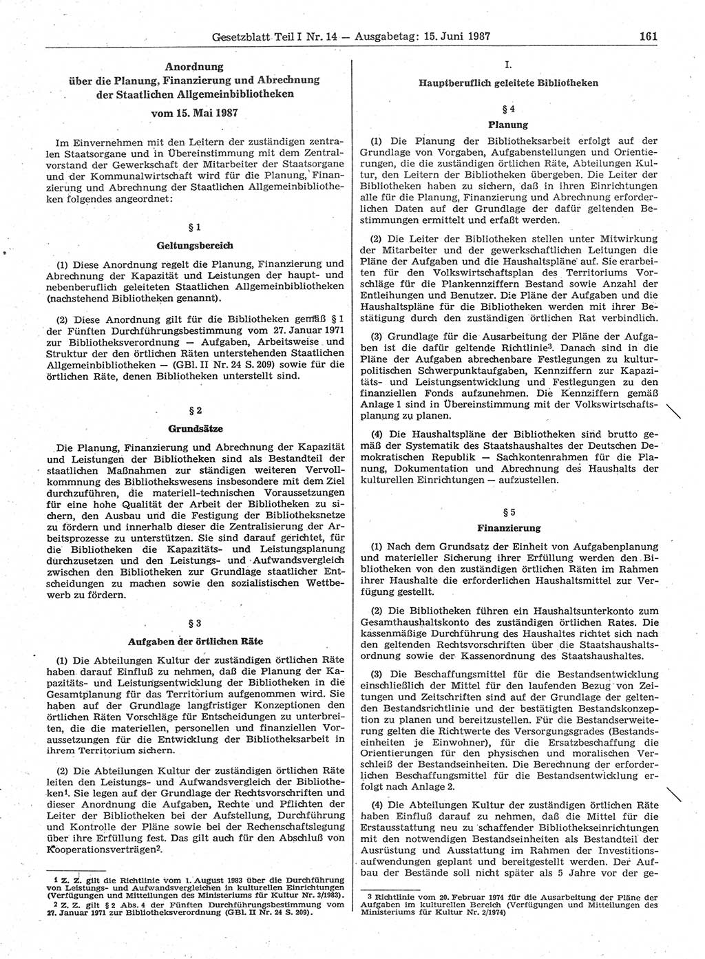 Gesetzblatt (GBl.) der Deutschen Demokratischen Republik (DDR) Teil Ⅰ 1987, Seite 161 (GBl. DDR Ⅰ 1987, S. 161)