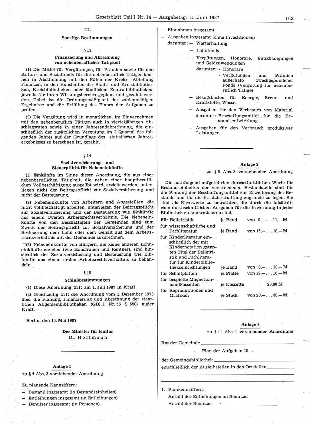 Gesetzblatt (GBl.) der Deutschen Demokratischen Republik (DDR) Teil Ⅰ 1987, Seite 163 (GBl. DDR Ⅰ 1987, S. 163)