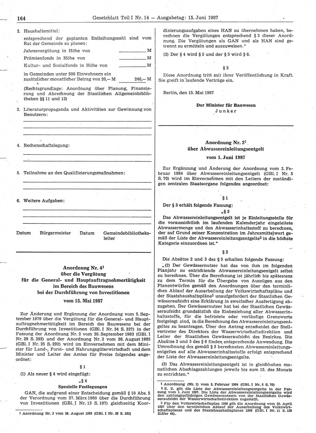 Gesetzblatt (GBl.) der Deutschen Demokratischen Republik (DDR) Teil Ⅰ 1987, Seite 164 (GBl. DDR Ⅰ 1987, S. 164)
