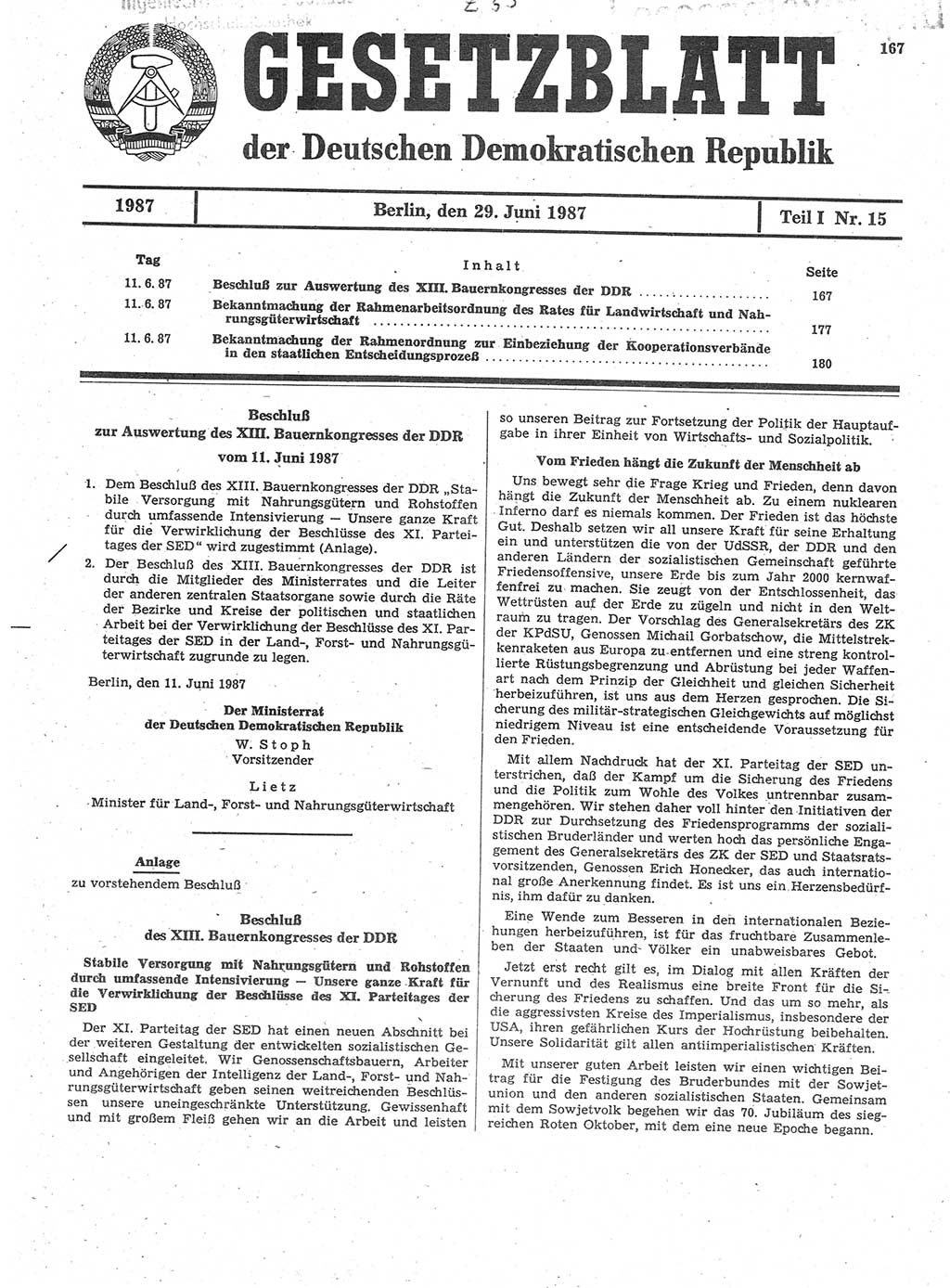 Gesetzblatt (GBl.) der Deutschen Demokratischen Republik (DDR) Teil Ⅰ 1987, Seite 167 (GBl. DDR Ⅰ 1987, S. 167)