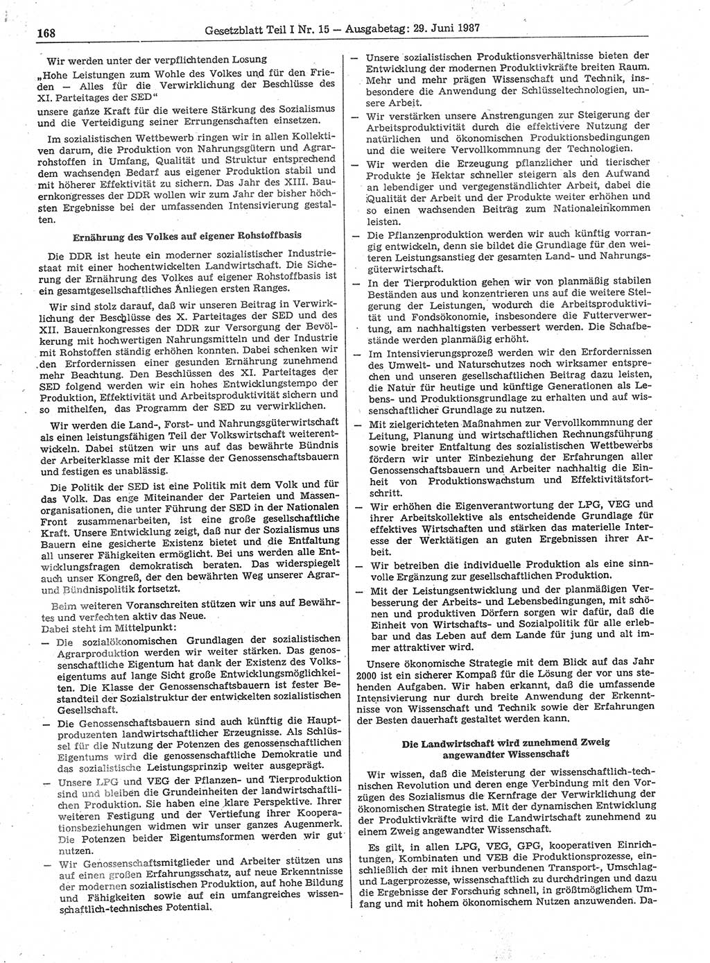 Gesetzblatt (GBl.) der Deutschen Demokratischen Republik (DDR) Teil Ⅰ 1987, Seite 168 (GBl. DDR Ⅰ 1987, S. 168)