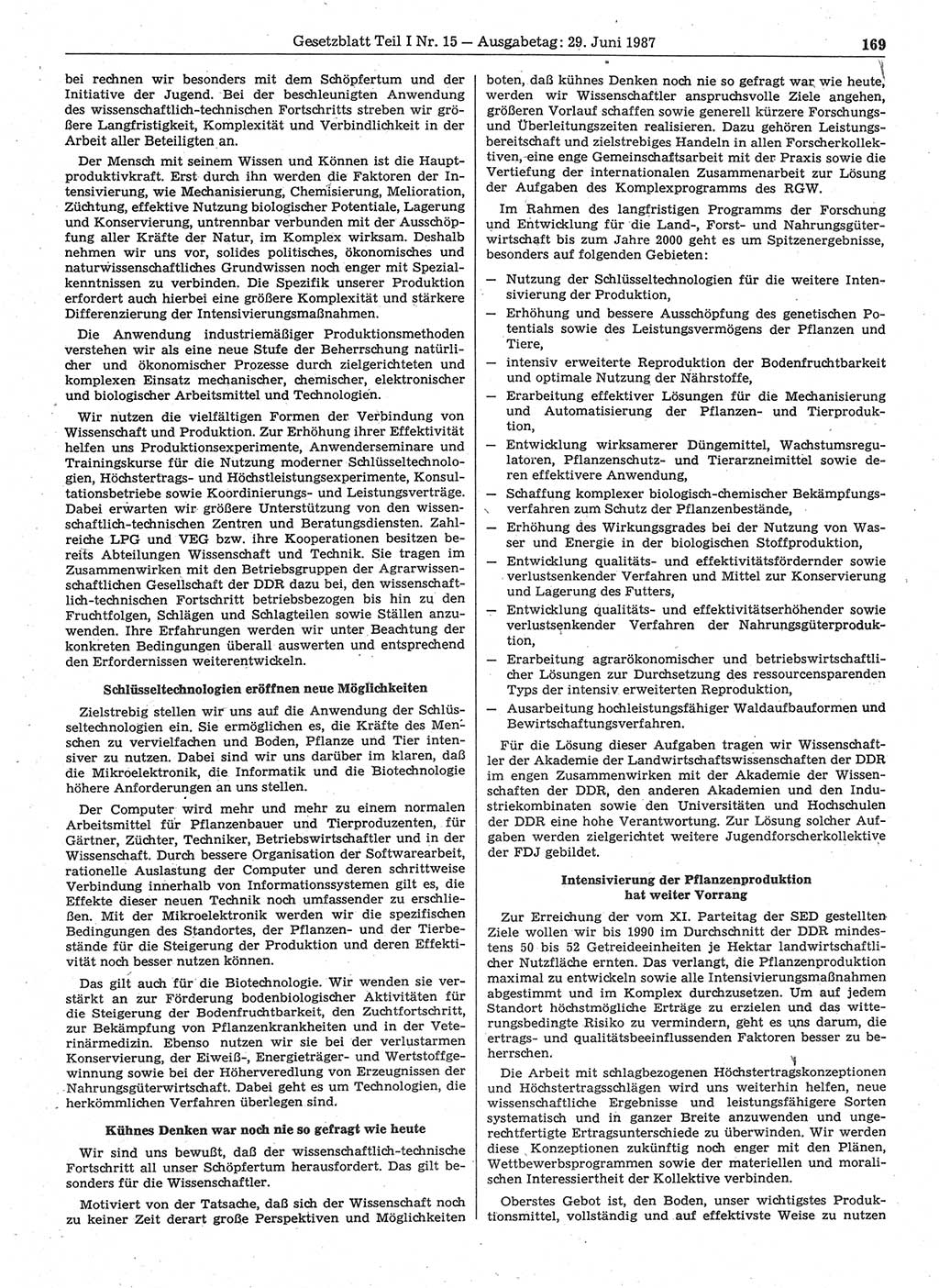 Gesetzblatt (GBl.) der Deutschen Demokratischen Republik (DDR) Teil Ⅰ 1987, Seite 169 (GBl. DDR Ⅰ 1987, S. 169)