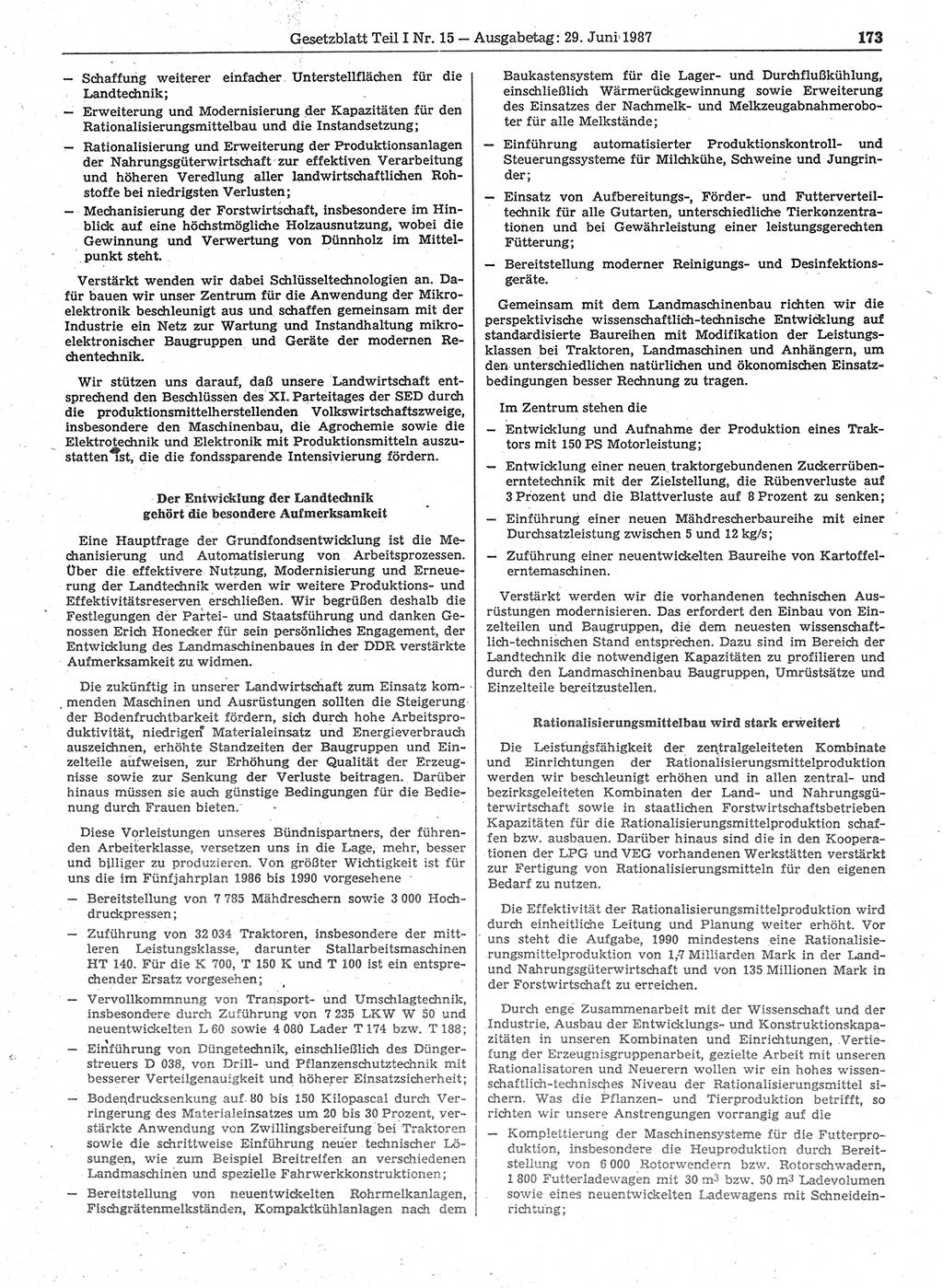 Gesetzblatt (GBl.) der Deutschen Demokratischen Republik (DDR) Teil Ⅰ 1987, Seite 173 (GBl. DDR Ⅰ 1987, S. 173)