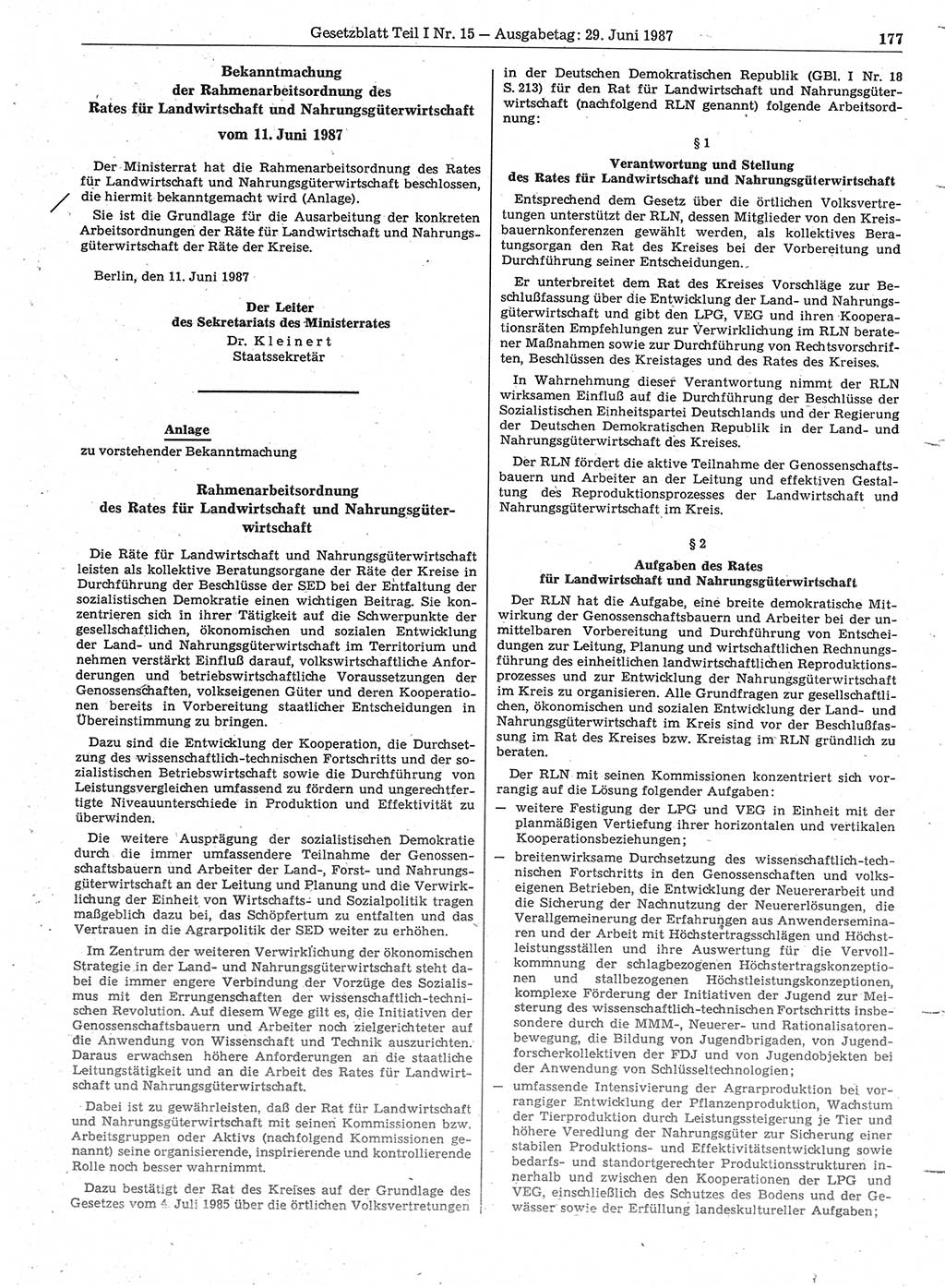 Gesetzblatt (GBl.) der Deutschen Demokratischen Republik (DDR) Teil Ⅰ 1987, Seite 177 (GBl. DDR Ⅰ 1987, S. 177)