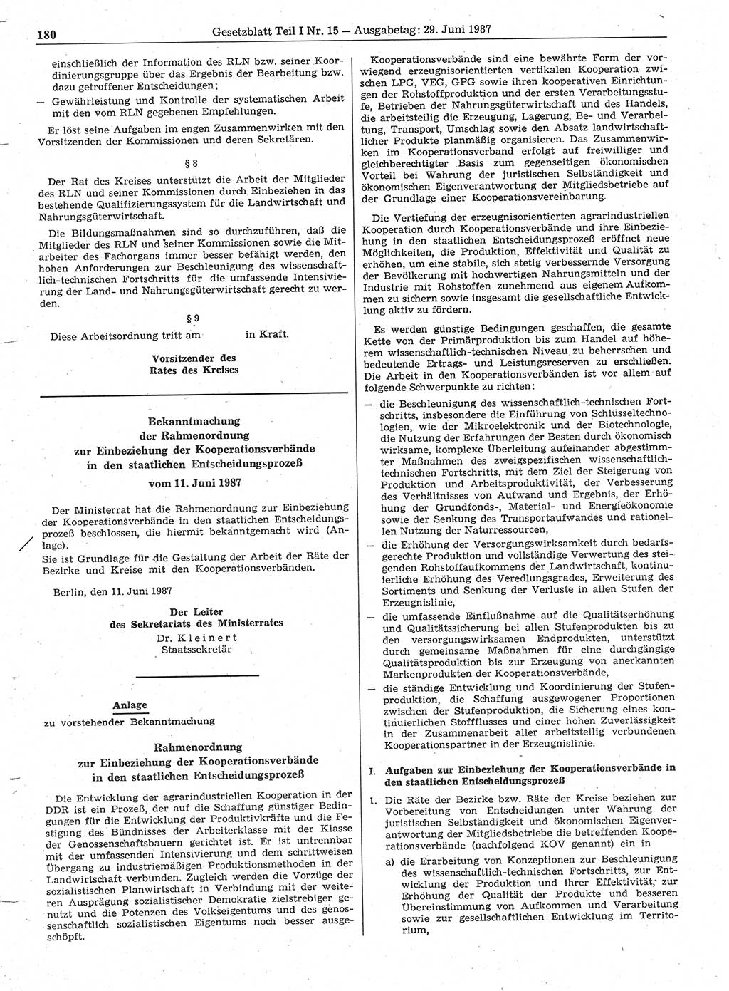 Gesetzblatt (GBl.) der Deutschen Demokratischen Republik (DDR) Teil Ⅰ 1987, Seite 180 (GBl. DDR Ⅰ 1987, S. 180)