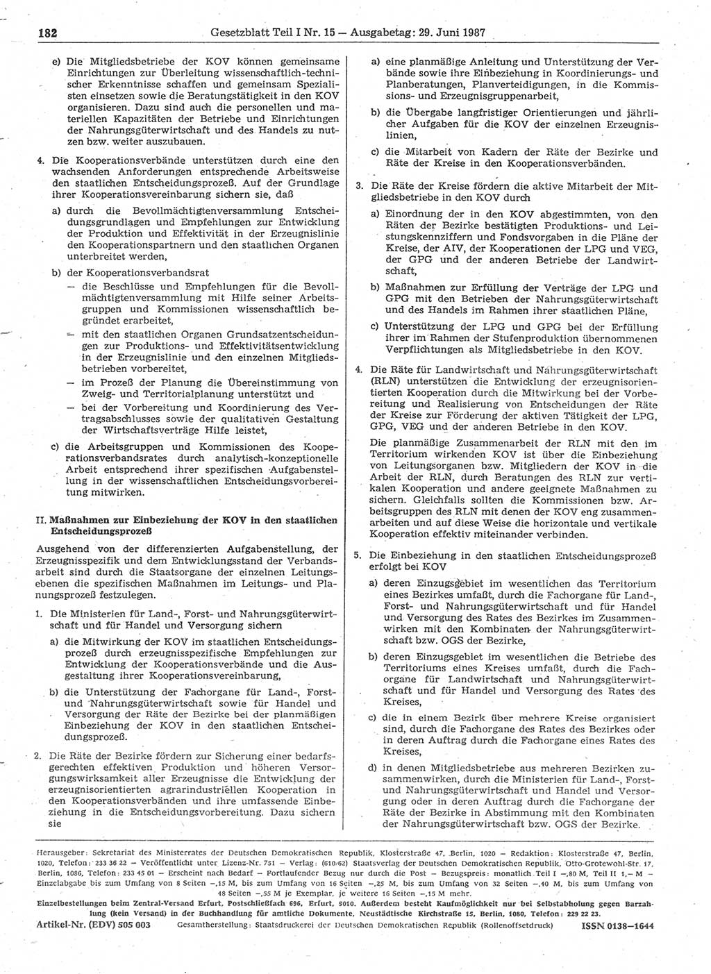 Gesetzblatt (GBl.) der Deutschen Demokratischen Republik (DDR) Teil Ⅰ 1987, Seite 182 (GBl. DDR Ⅰ 1987, S. 182)