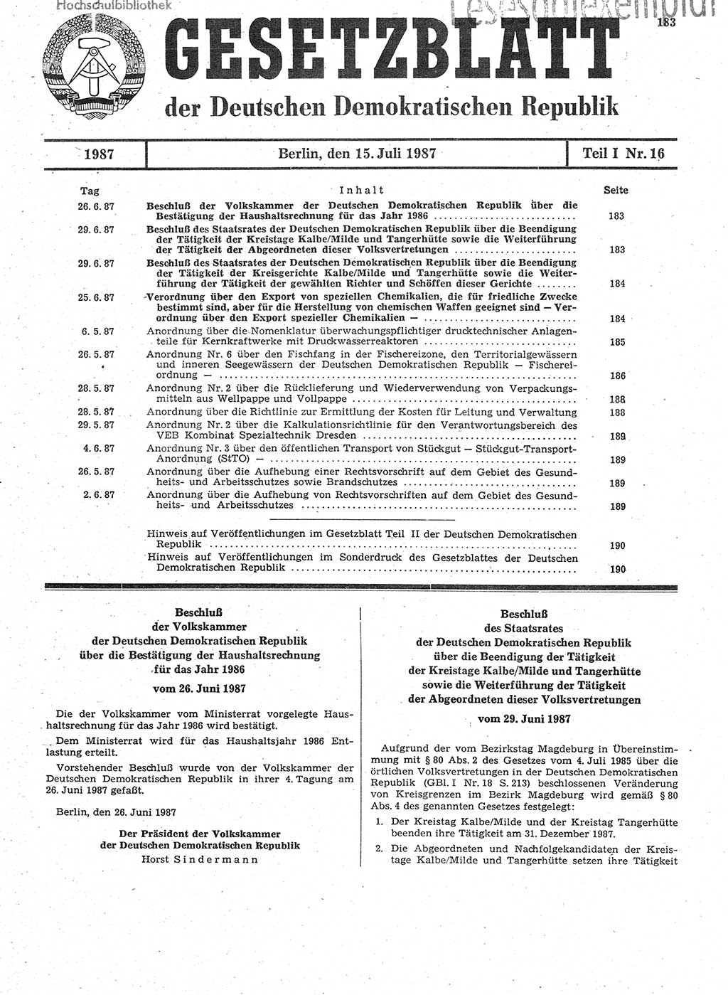 Gesetzblatt (GBl.) der Deutschen Demokratischen Republik (DDR) Teil Ⅰ 1987, Seite 183 (GBl. DDR Ⅰ 1987, S. 183)