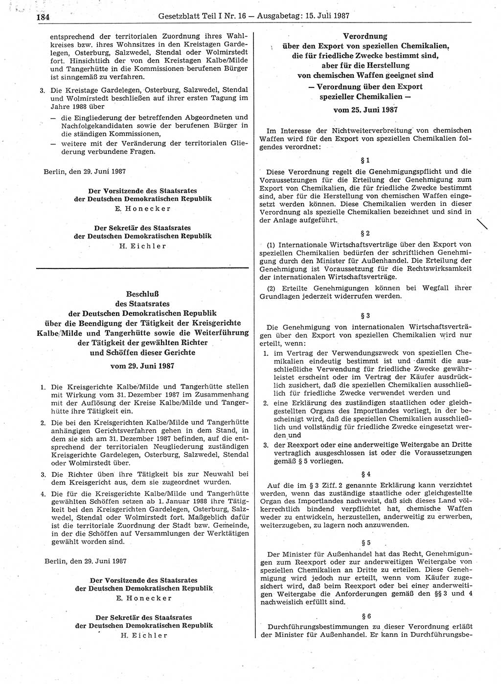 Gesetzblatt (GBl.) der Deutschen Demokratischen Republik (DDR) Teil Ⅰ 1987, Seite 184 (GBl. DDR Ⅰ 1987, S. 184)