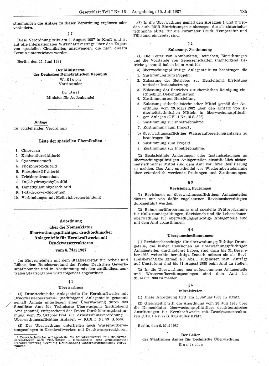 Gesetzblatt (GBl.) der Deutschen Demokratischen Republik (DDR) Teil Ⅰ 1987, Seite 185 (GBl. DDR Ⅰ 1987, S. 185)