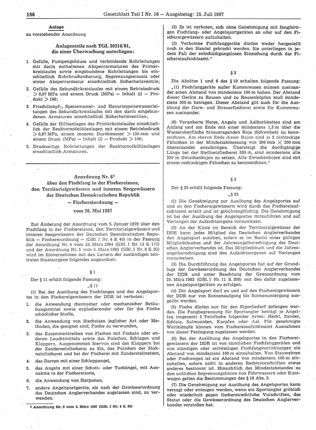 Gesetzblatt (GBl.) der Deutschen Demokratischen Republik (DDR) Teil Ⅰ 1987, Seite 186 (GBl. DDR Ⅰ 1987, S. 186)