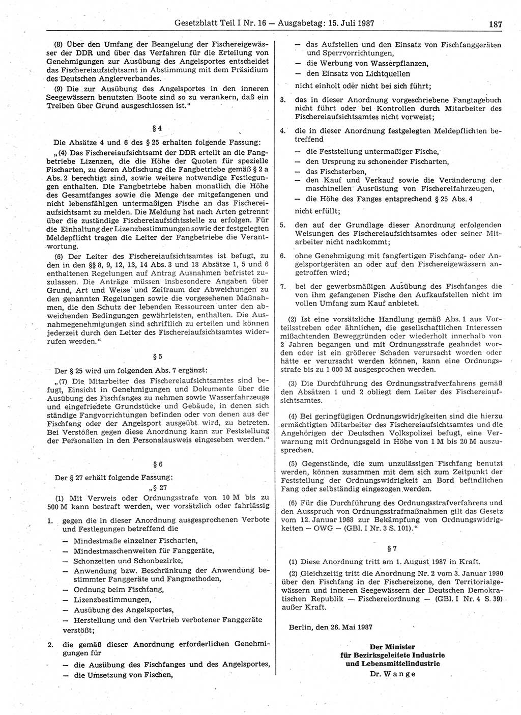 Gesetzblatt (GBl.) der Deutschen Demokratischen Republik (DDR) Teil Ⅰ 1987, Seite 187 (GBl. DDR Ⅰ 1987, S. 187)