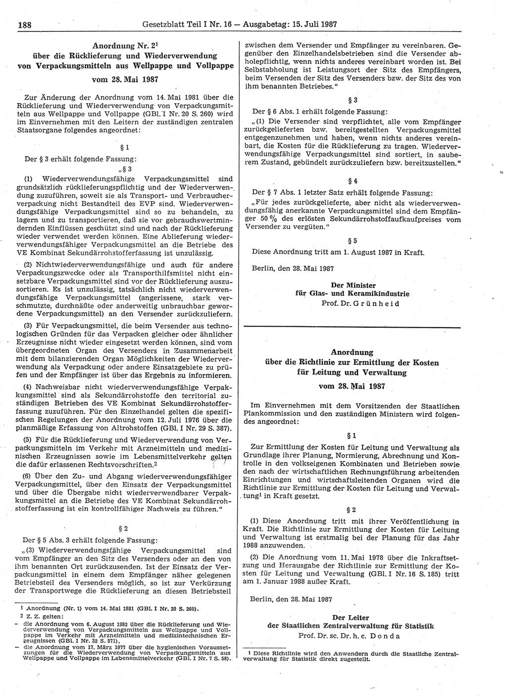 Gesetzblatt (GBl.) der Deutschen Demokratischen Republik (DDR) Teil Ⅰ 1987, Seite 188 (GBl. DDR Ⅰ 1987, S. 188)