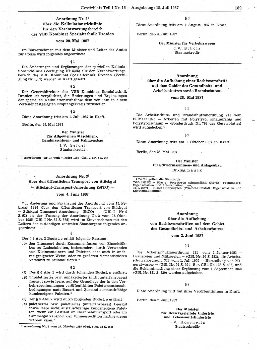 Gesetzblatt (GBl.) der Deutschen Demokratischen Republik (DDR) Teil Ⅰ 1987, Seite 189 (GBl. DDR Ⅰ 1987, S. 189)