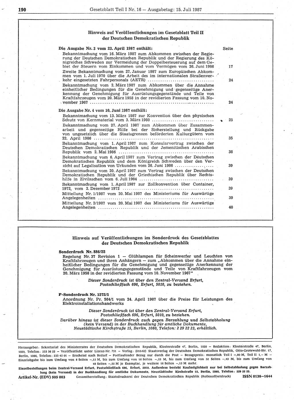 Gesetzblatt (GBl.) der Deutschen Demokratischen Republik (DDR) Teil Ⅰ 1987, Seite 190 (GBl. DDR Ⅰ 1987, S. 190)
