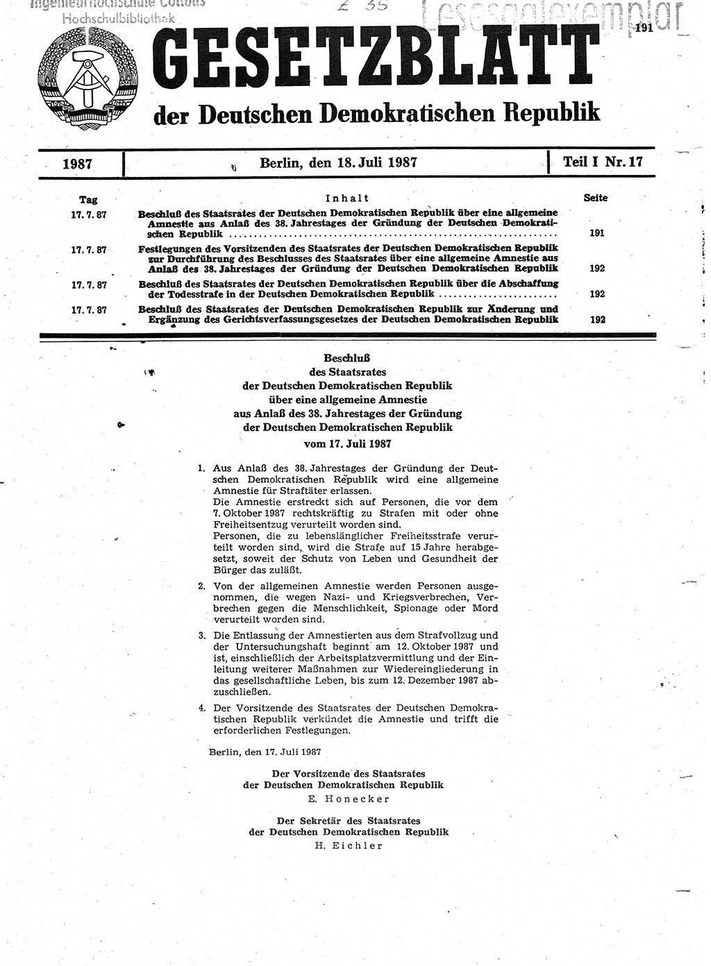 Gesetzblatt (GBl.) der Deutschen Demokratischen Republik (DDR) Teil Ⅰ 1987, Seite 191 (GBl. DDR Ⅰ 1987, S. 191)