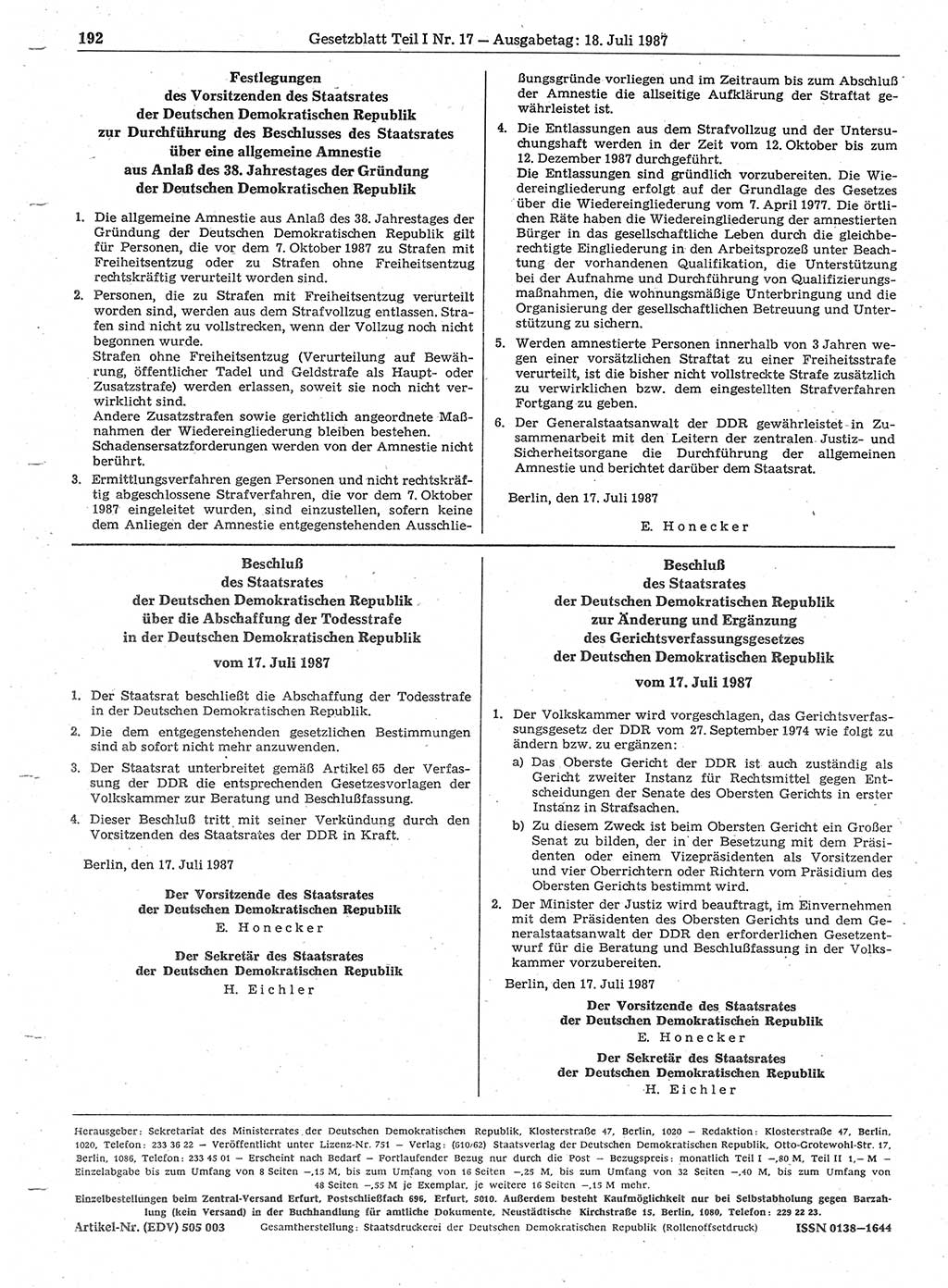 Gesetzblatt (GBl.) der Deutschen Demokratischen Republik (DDR) Teil Ⅰ 1987, Seite 192 (GBl. DDR Ⅰ 1987, S. 192)