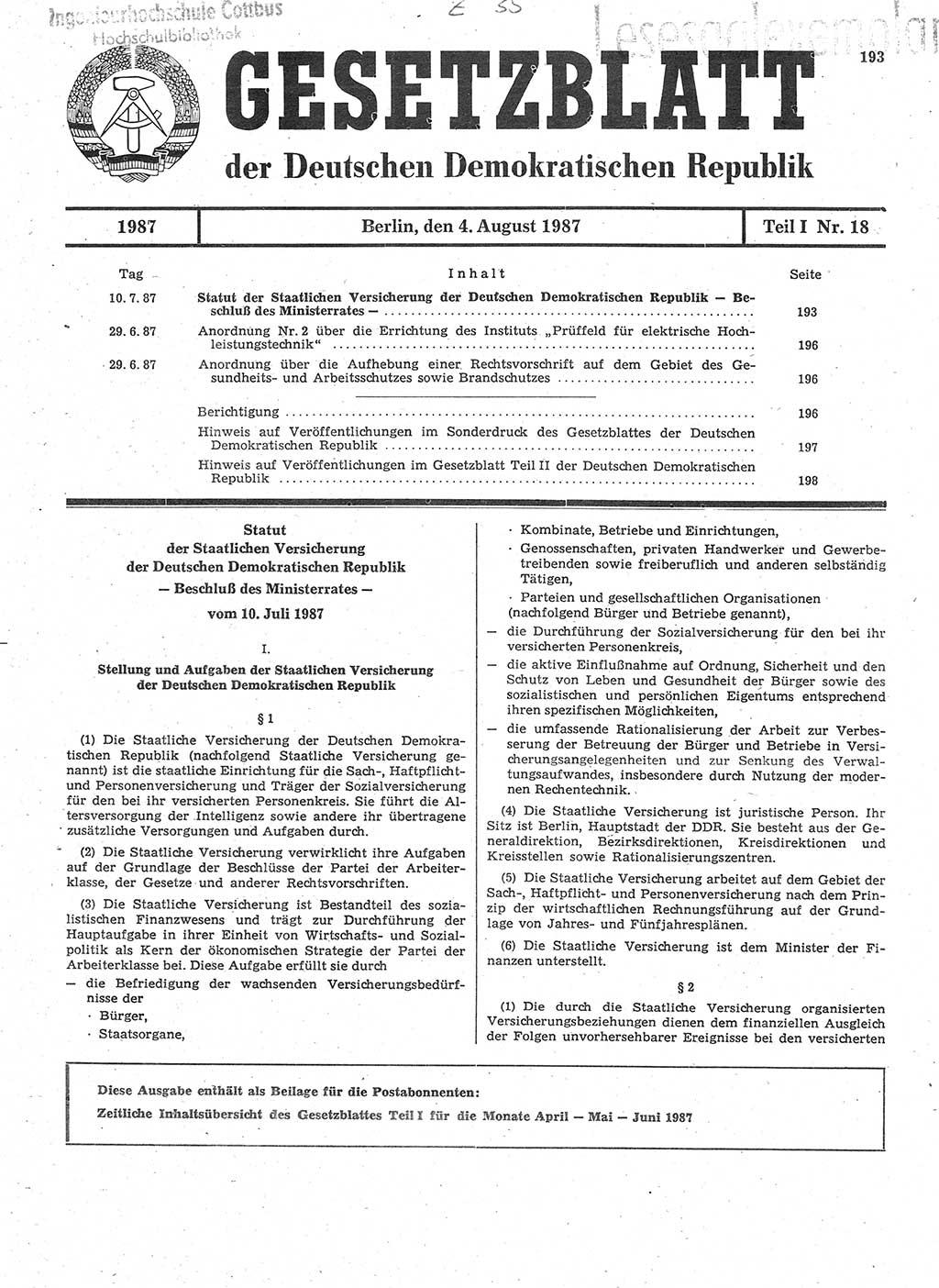 Gesetzblatt (GBl.) der Deutschen Demokratischen Republik (DDR) Teil Ⅰ 1987, Seite 193 (GBl. DDR Ⅰ 1987, S. 193)