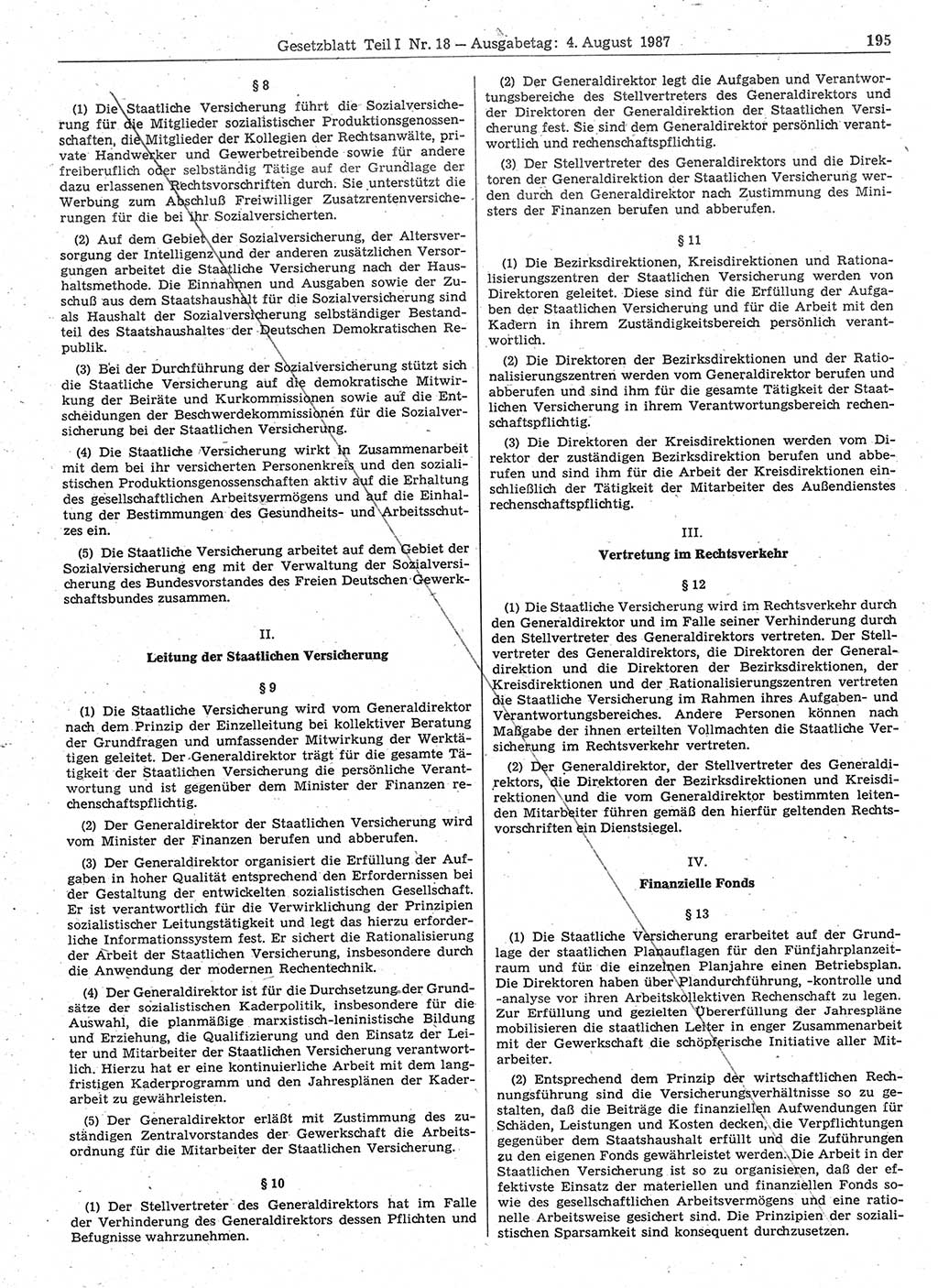 Gesetzblatt (GBl.) der Deutschen Demokratischen Republik (DDR) Teil Ⅰ 1987, Seite 195 (GBl. DDR Ⅰ 1987, S. 195)