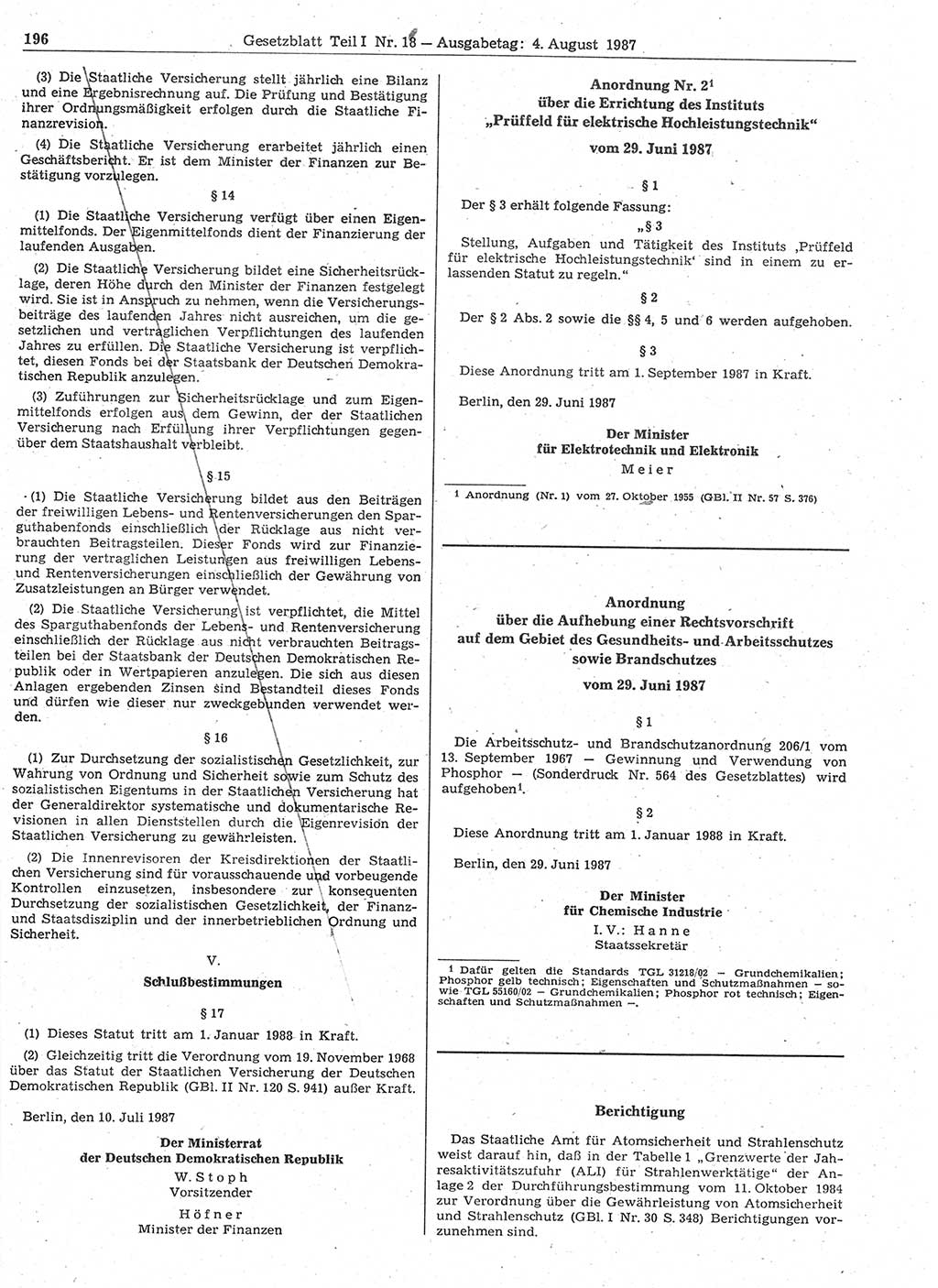 Gesetzblatt (GBl.) der Deutschen Demokratischen Republik (DDR) Teil Ⅰ 1987, Seite 196 (GBl. DDR Ⅰ 1987, S. 196)