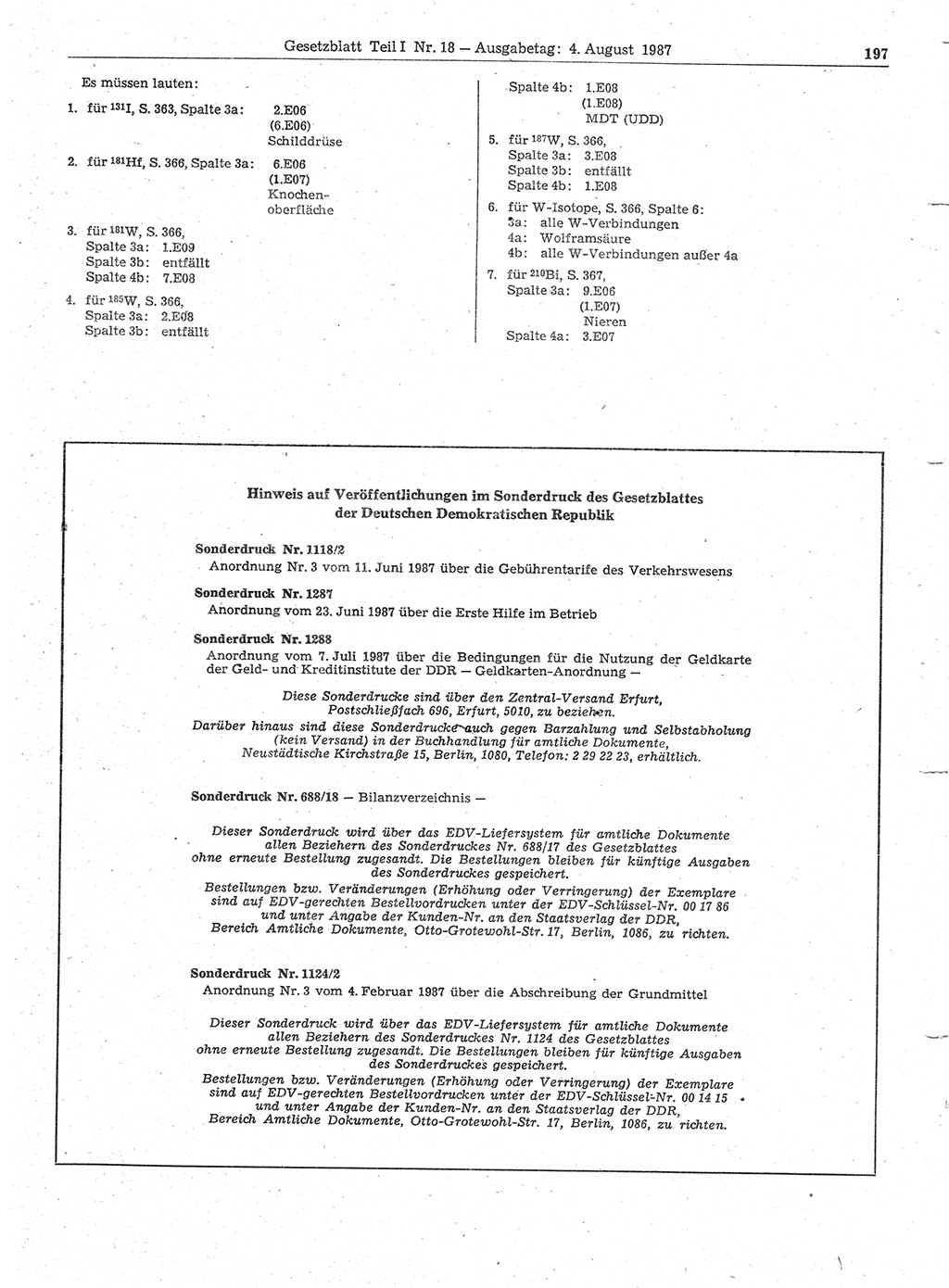 Gesetzblatt (GBl.) der Deutschen Demokratischen Republik (DDR) Teil Ⅰ 1987, Seite 197 (GBl. DDR Ⅰ 1987, S. 197)